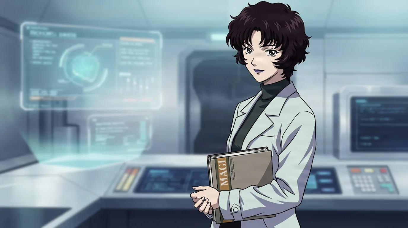 Naoko Akagi from Evangelion in a close-framed cel-shaded anime scene with a detailed environment