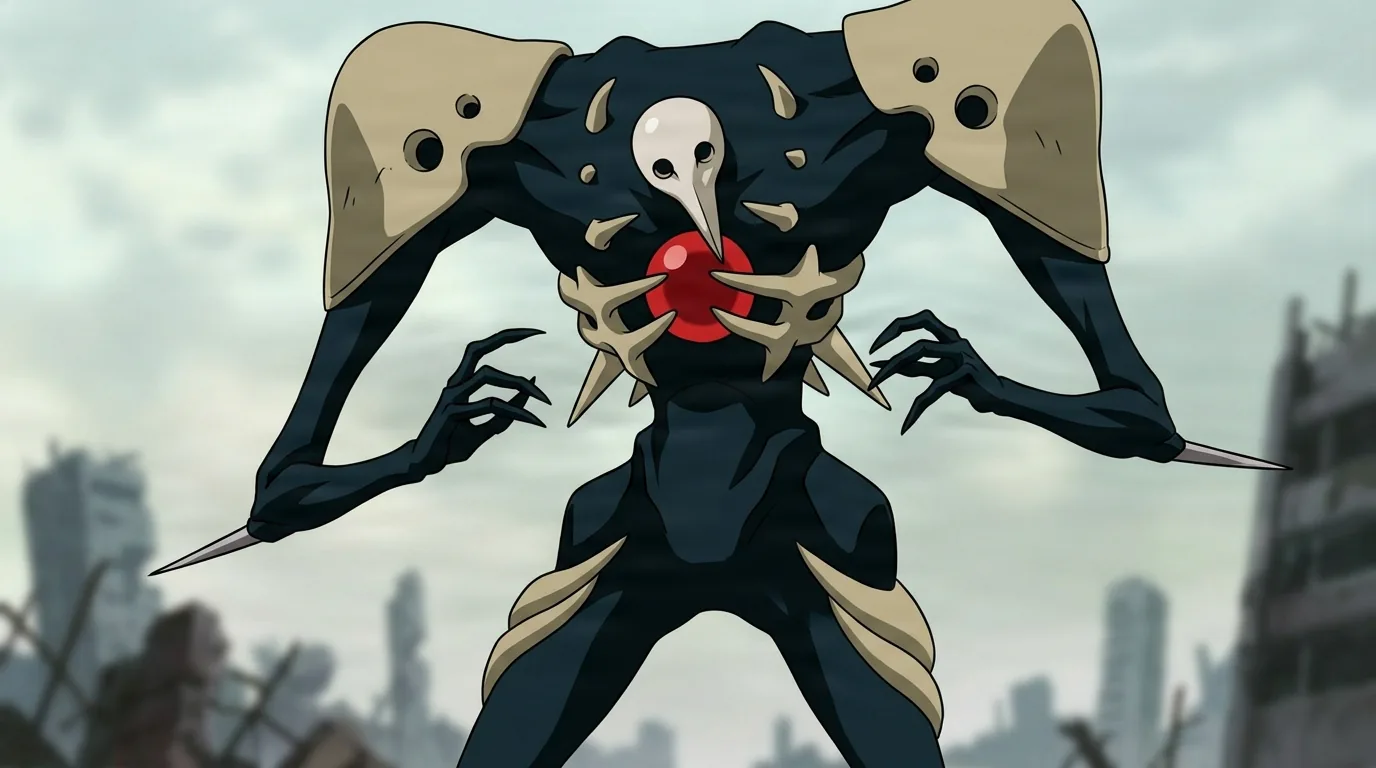 Sachiel from Evangelion in a close-framed cel-shaded anime scene with a detailed environment
