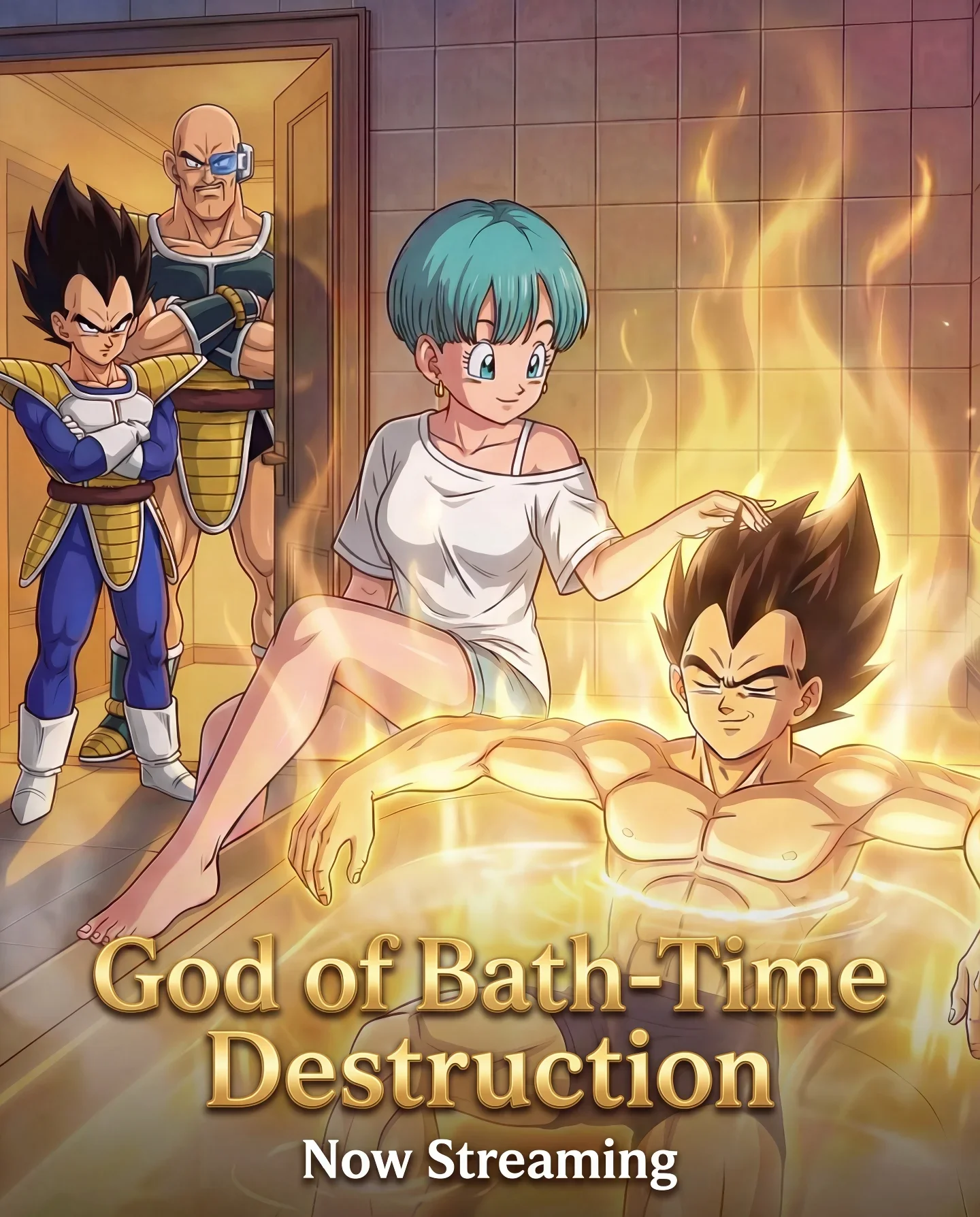Dragon Ball characters in bath scene parody artwork