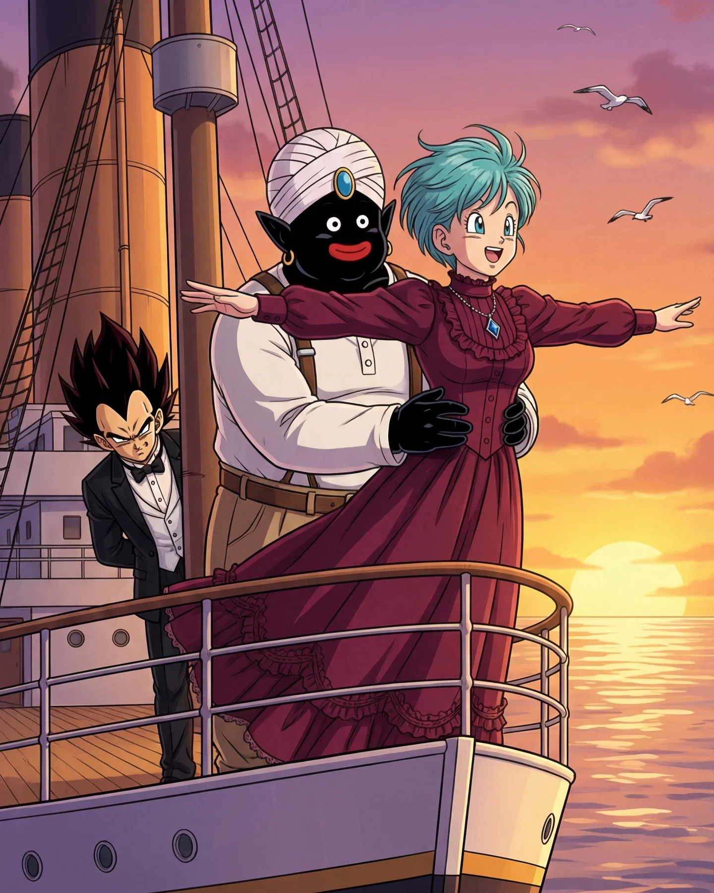 Anime characters on ship at sunset in parody scene