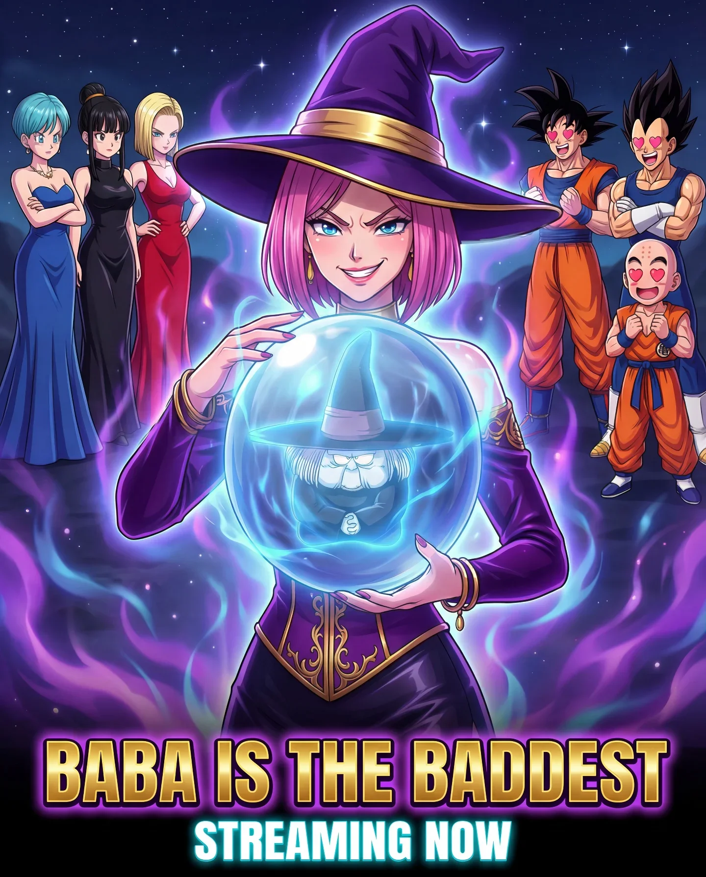 Wizard character with crystal ball and anime characters