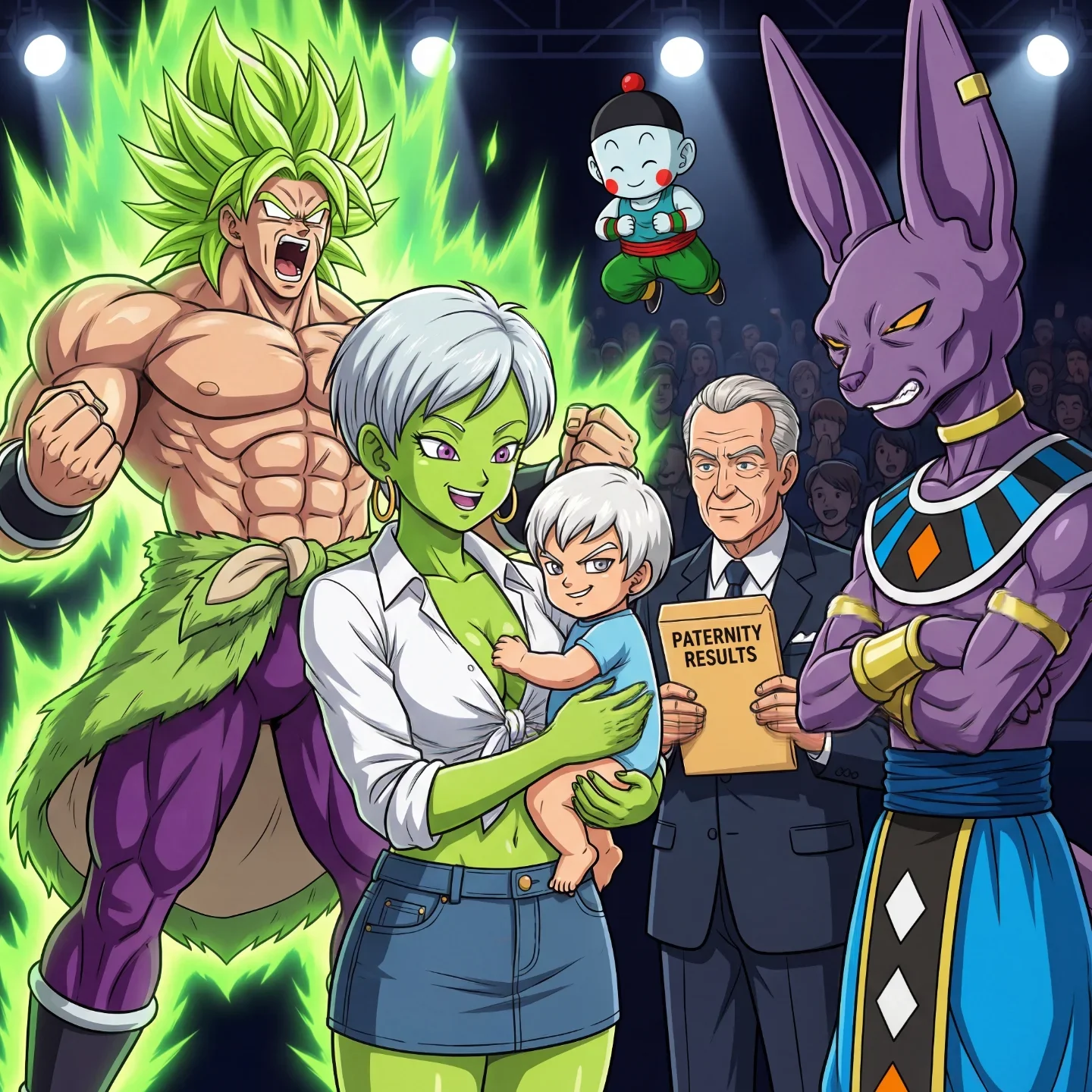 Dragon Ball characters in comedic family paternity test scene