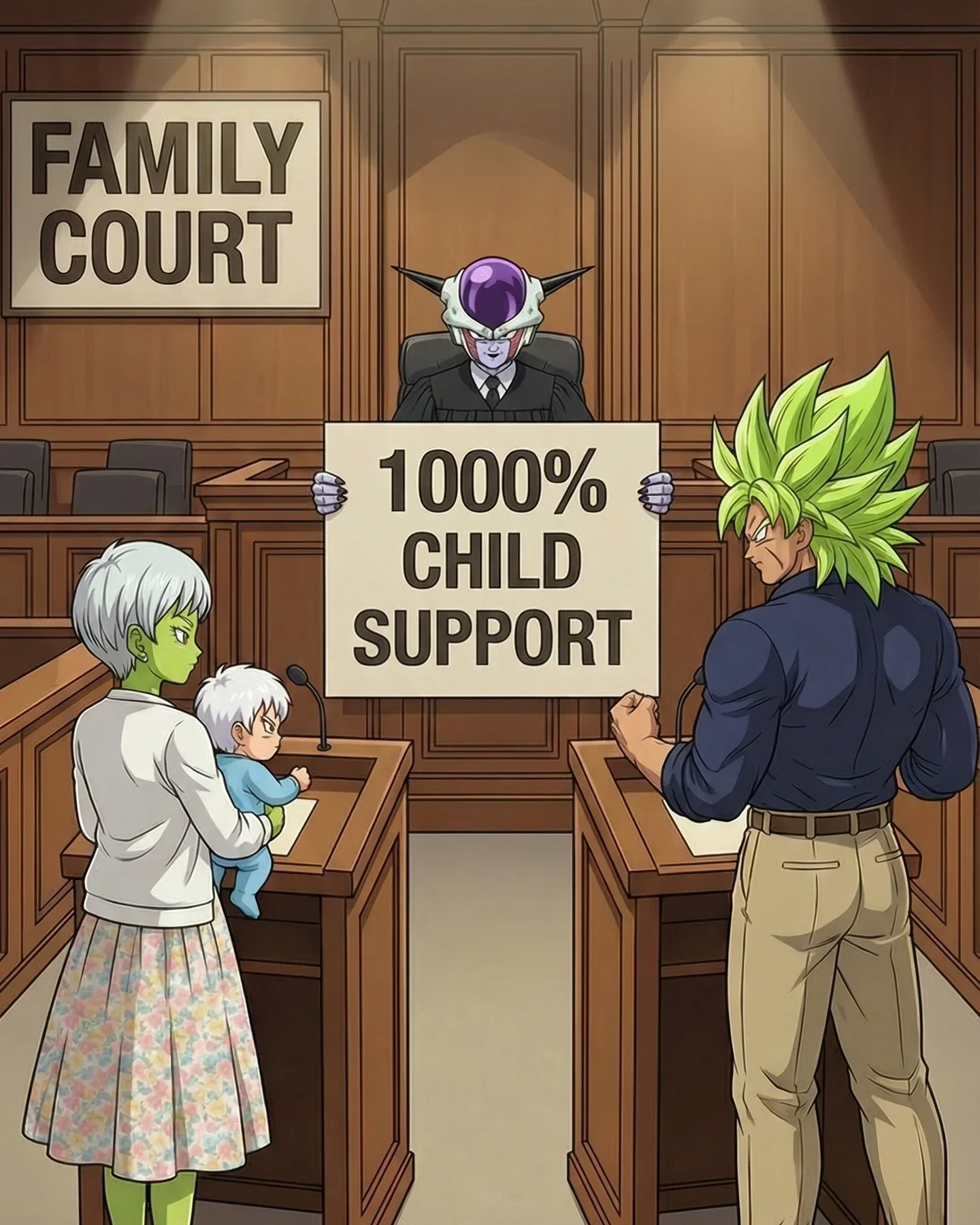 Dragon Ball characters in family court meme format
