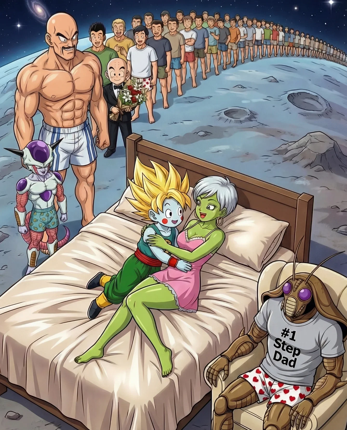 Dragon Ball characters in humorous domestic scene on moon