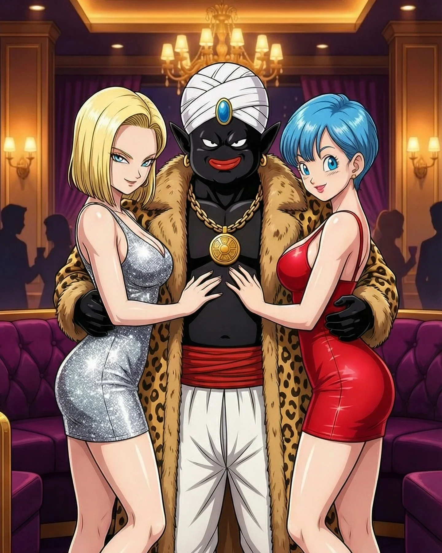 Anime characters in luxury setting with fur coats