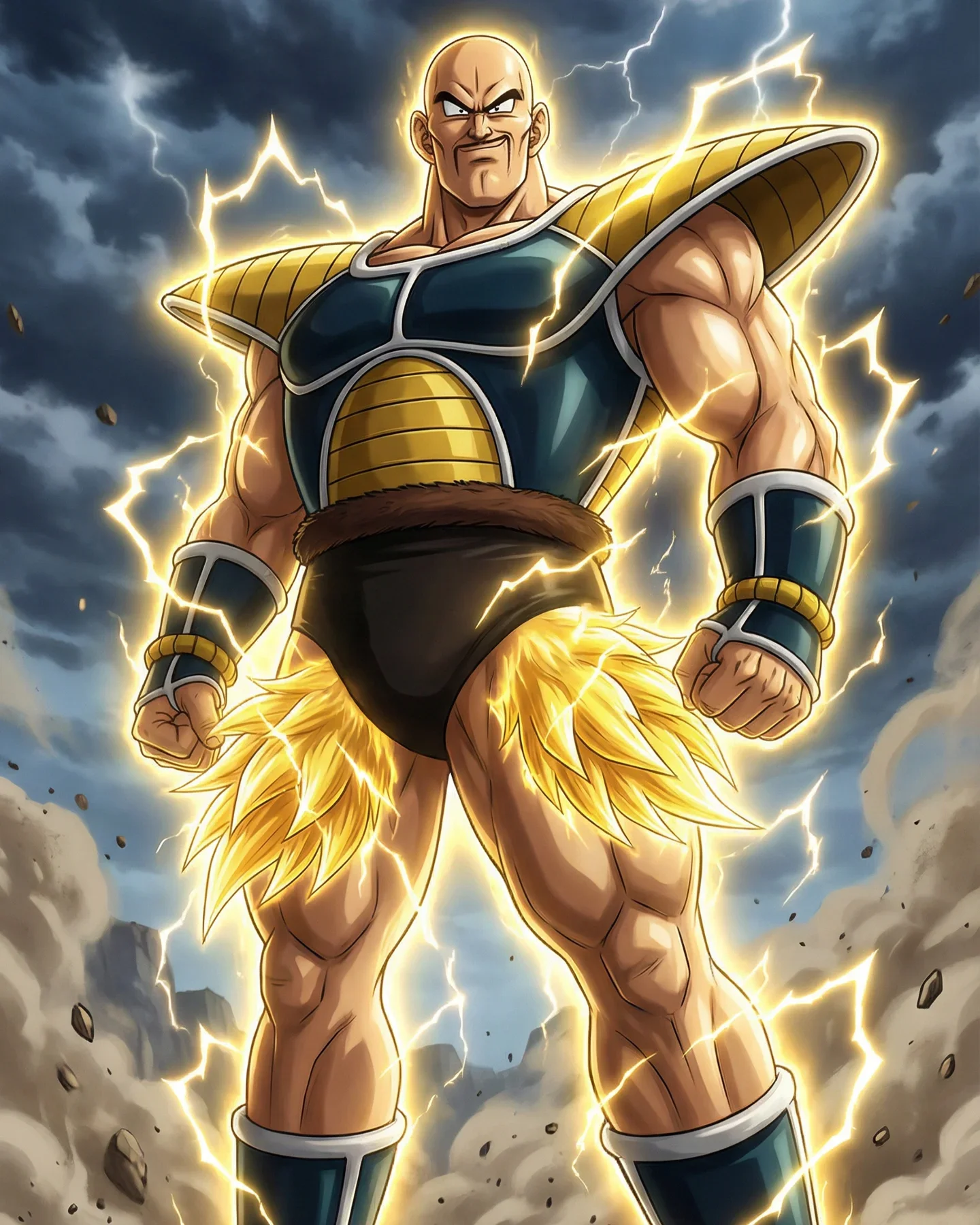 Bald alien warrior in armor with golden energy aura