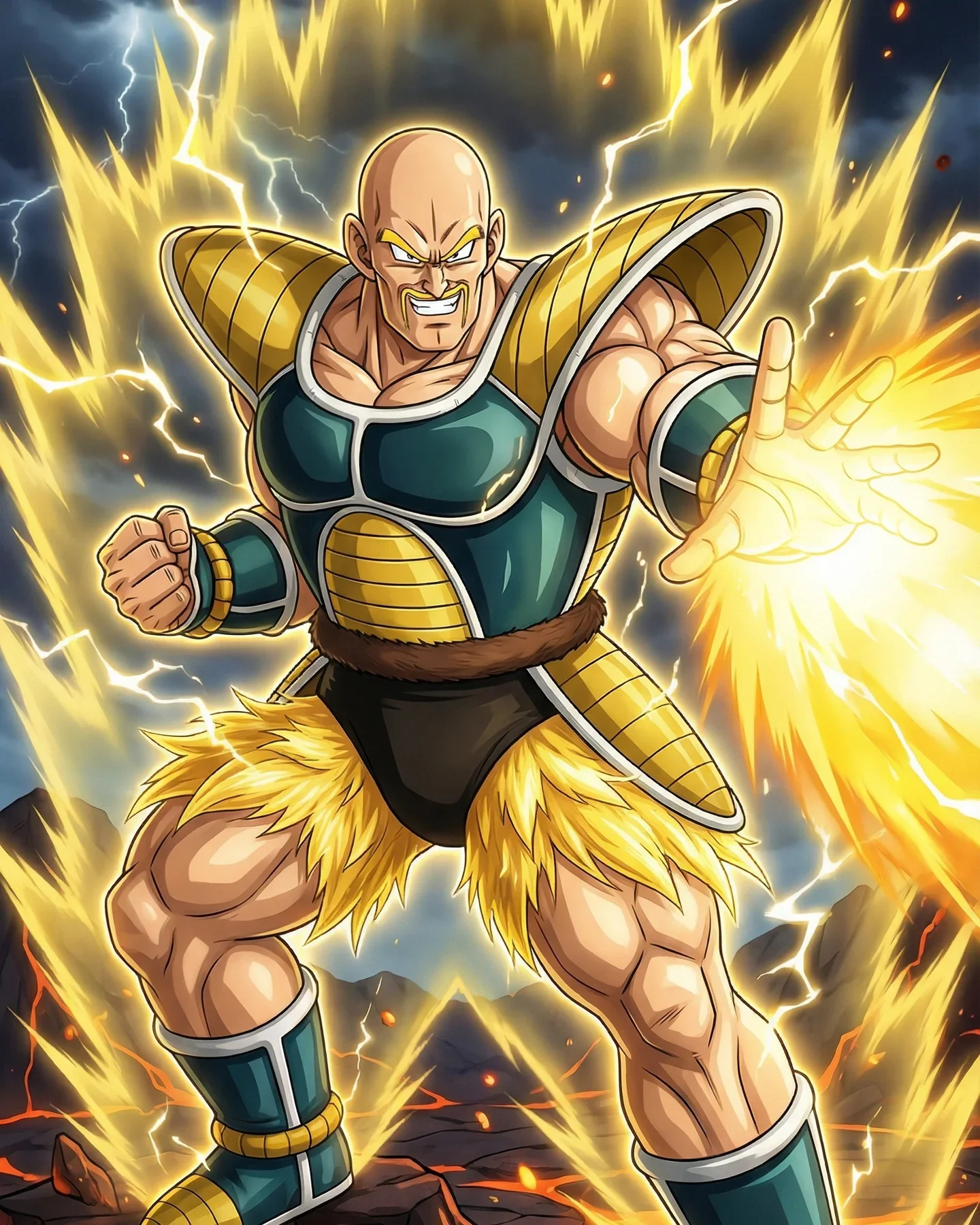 Powerful alien warrior in golden armor with energy attack