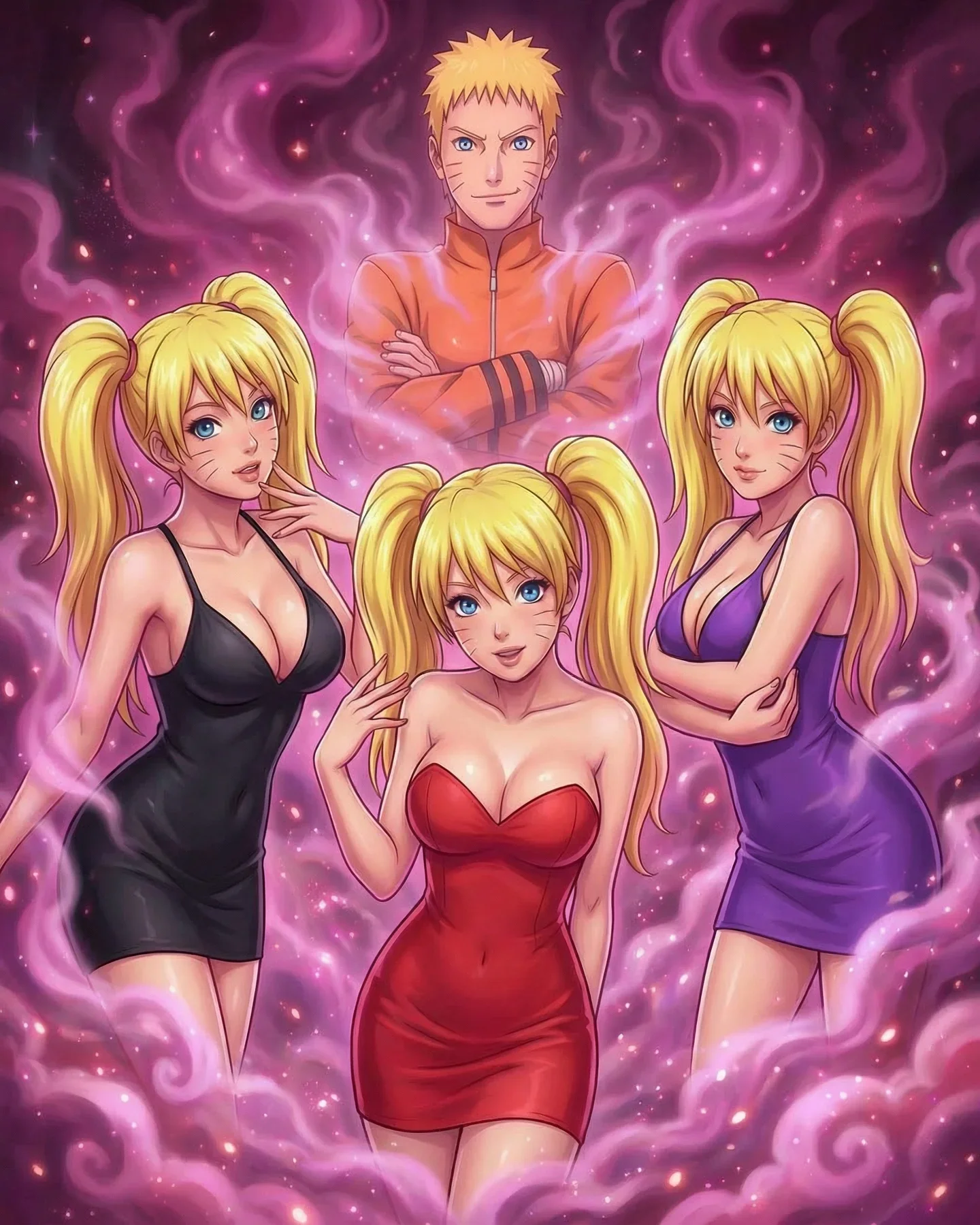 Anime characters in magical girl-style fan art with pink aura