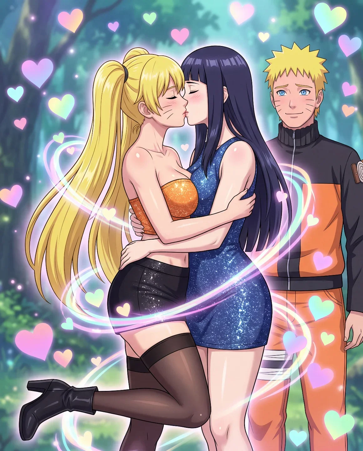 Anime characters in romantic fan art with magical effects