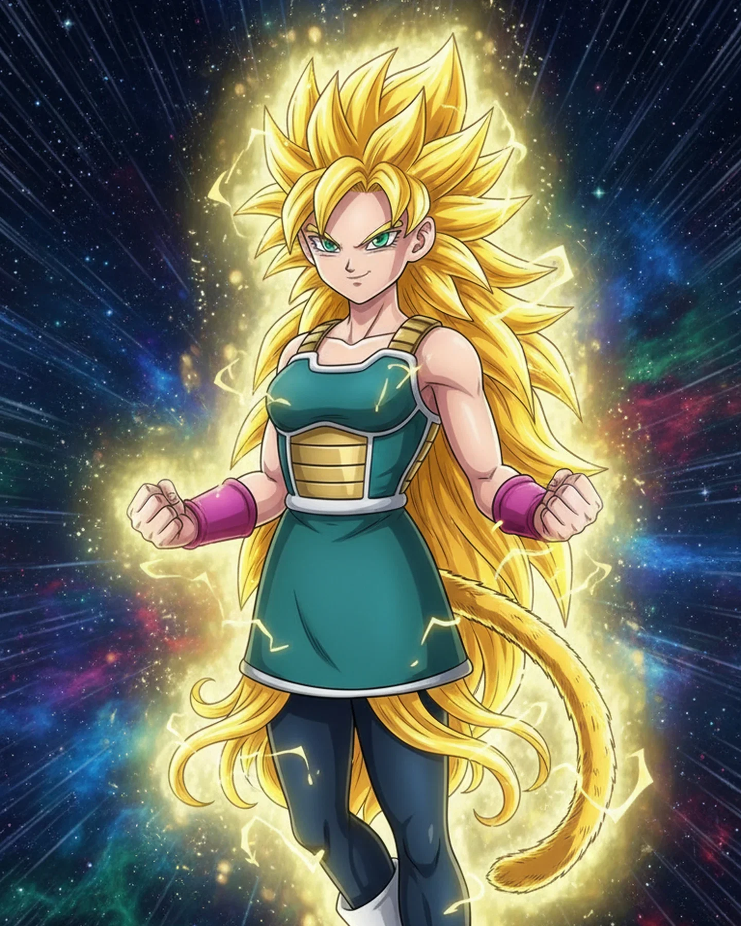 Female warrior with golden spiky hair in Super Saiyan form