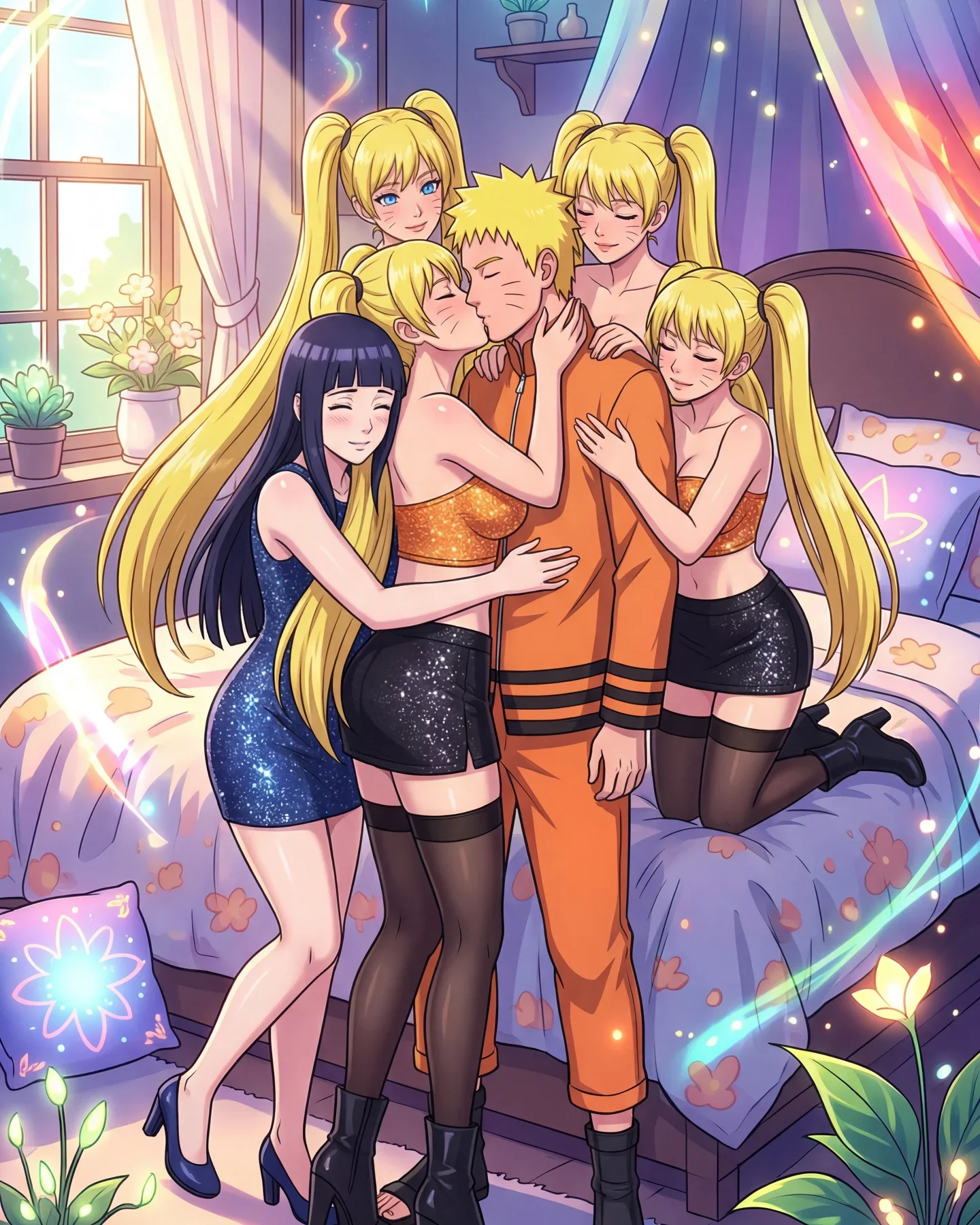 Naruto surrounded by blonde and dark-haired women in bedroom