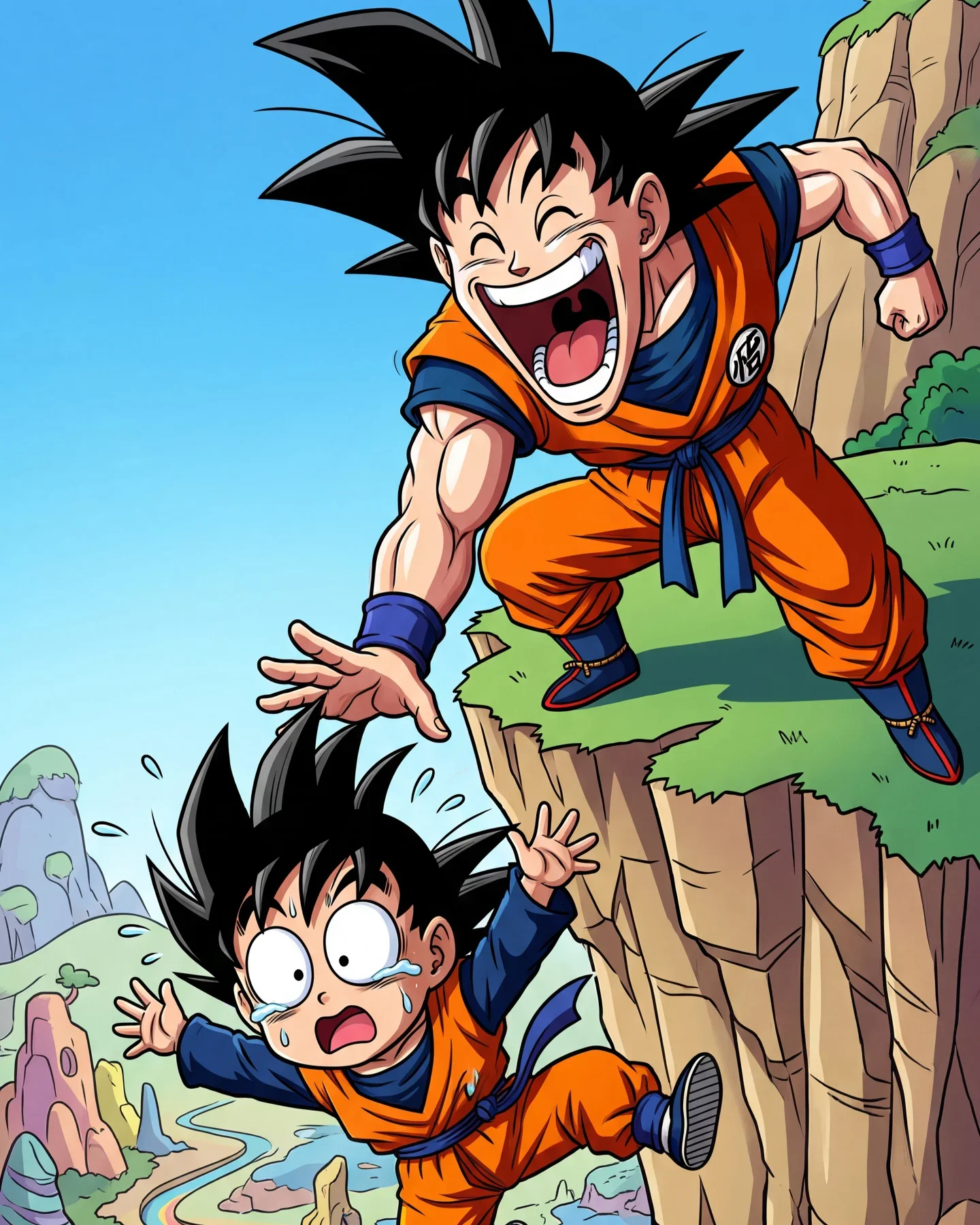 Young and adult Goku climbing rock in orange gi