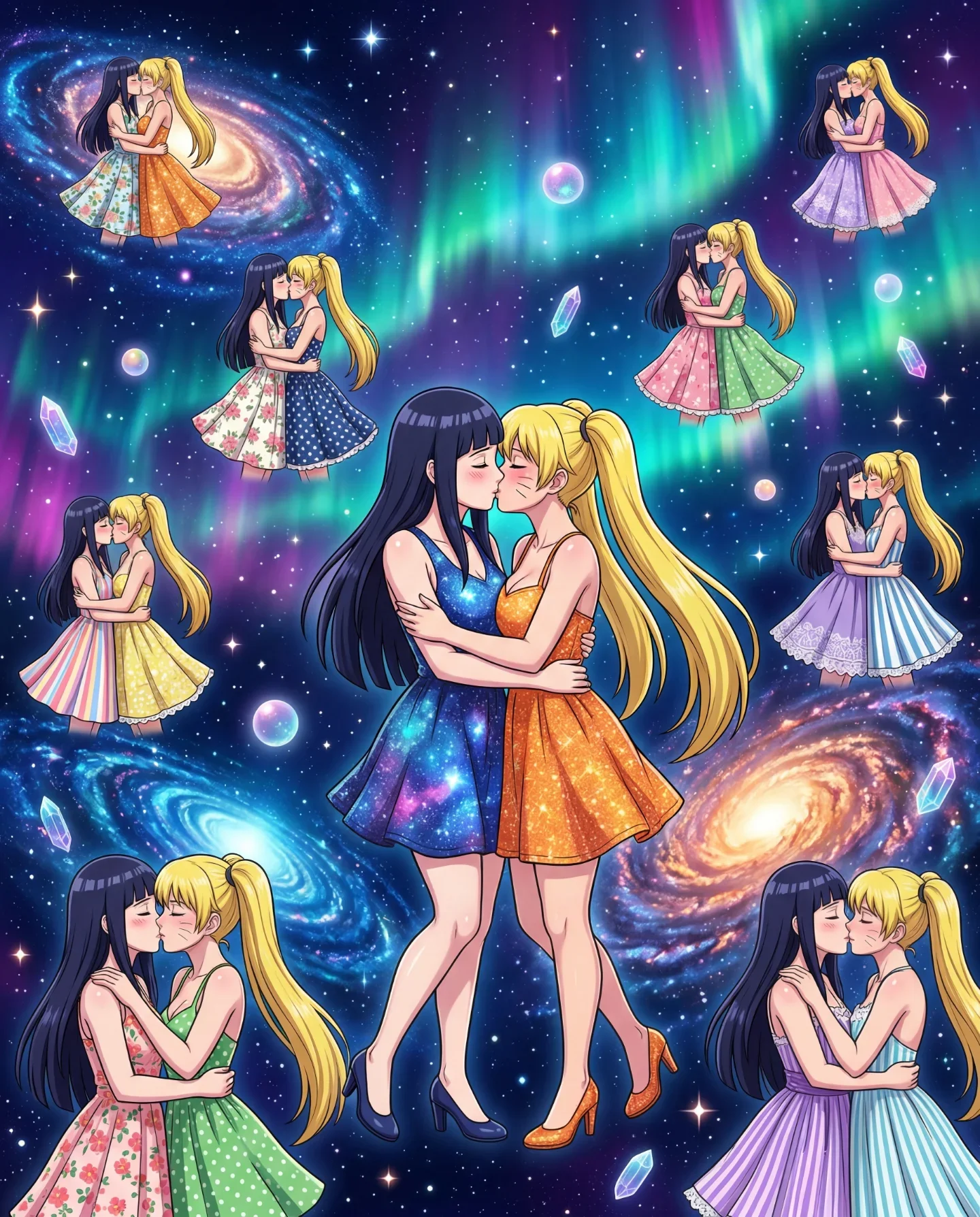 Anime girls in magical girl style with cosmic galaxy background