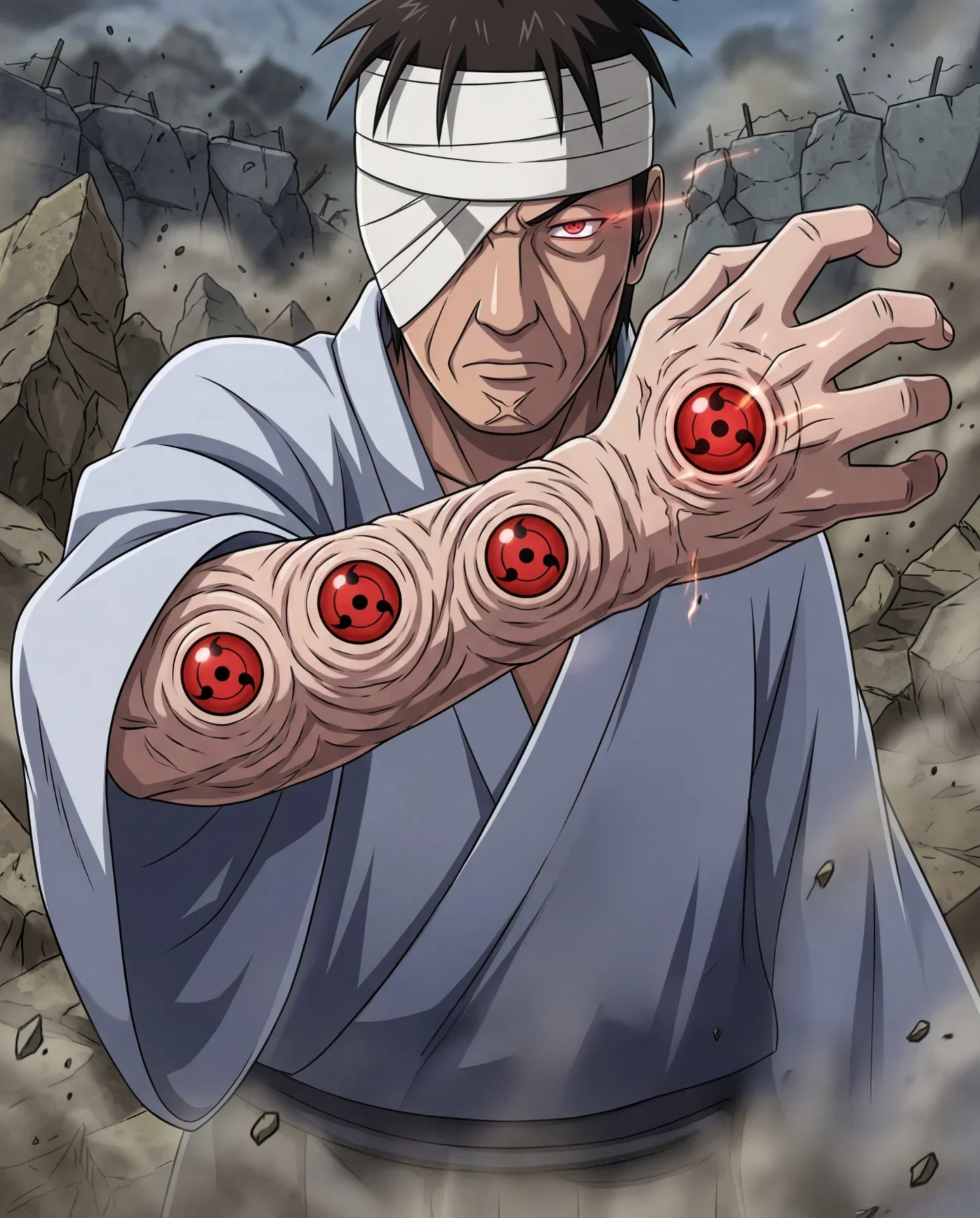 Ninja with bandaged face and red Sharingan eyes on arm