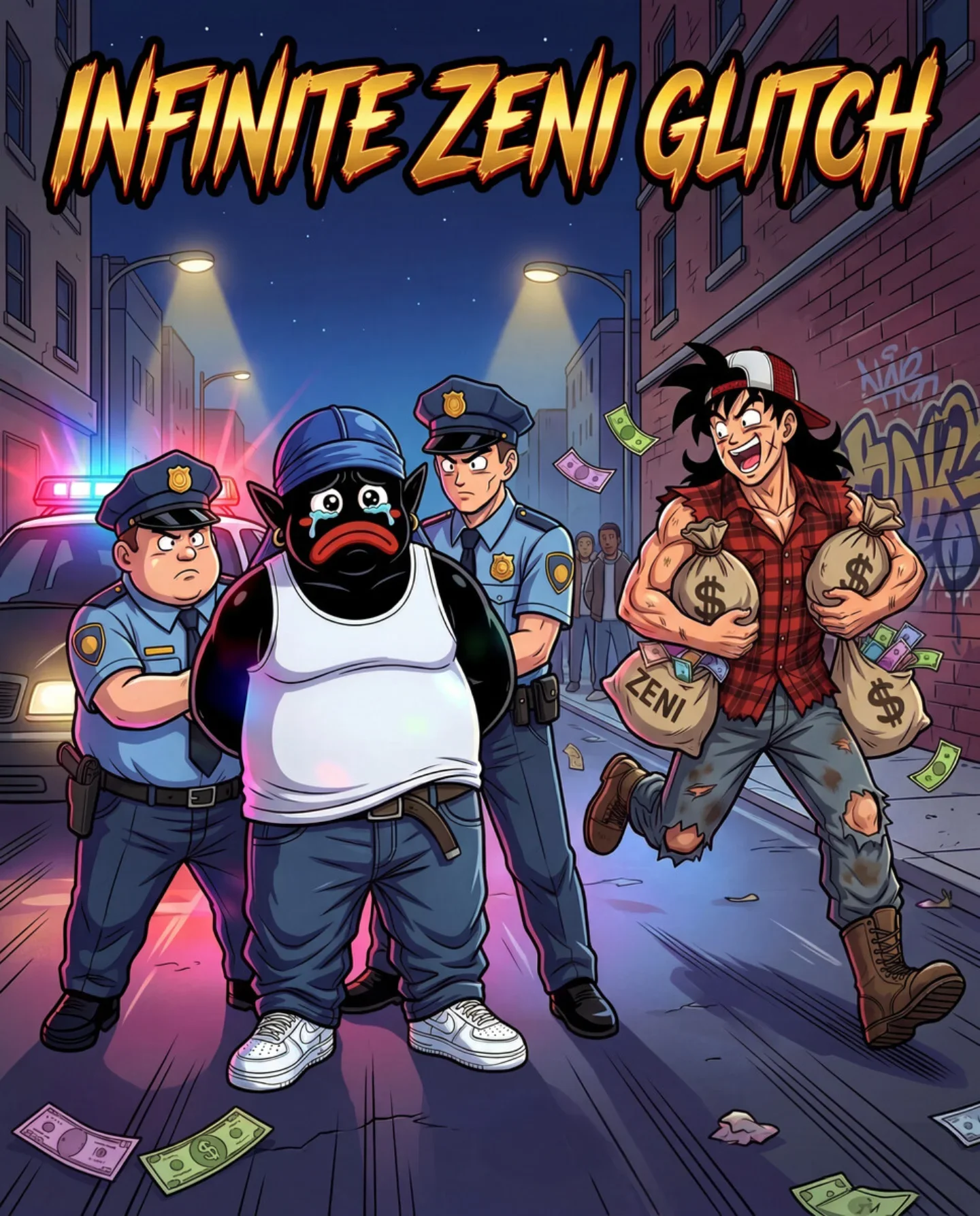 Humorous meme depicting police chasing money-holding character