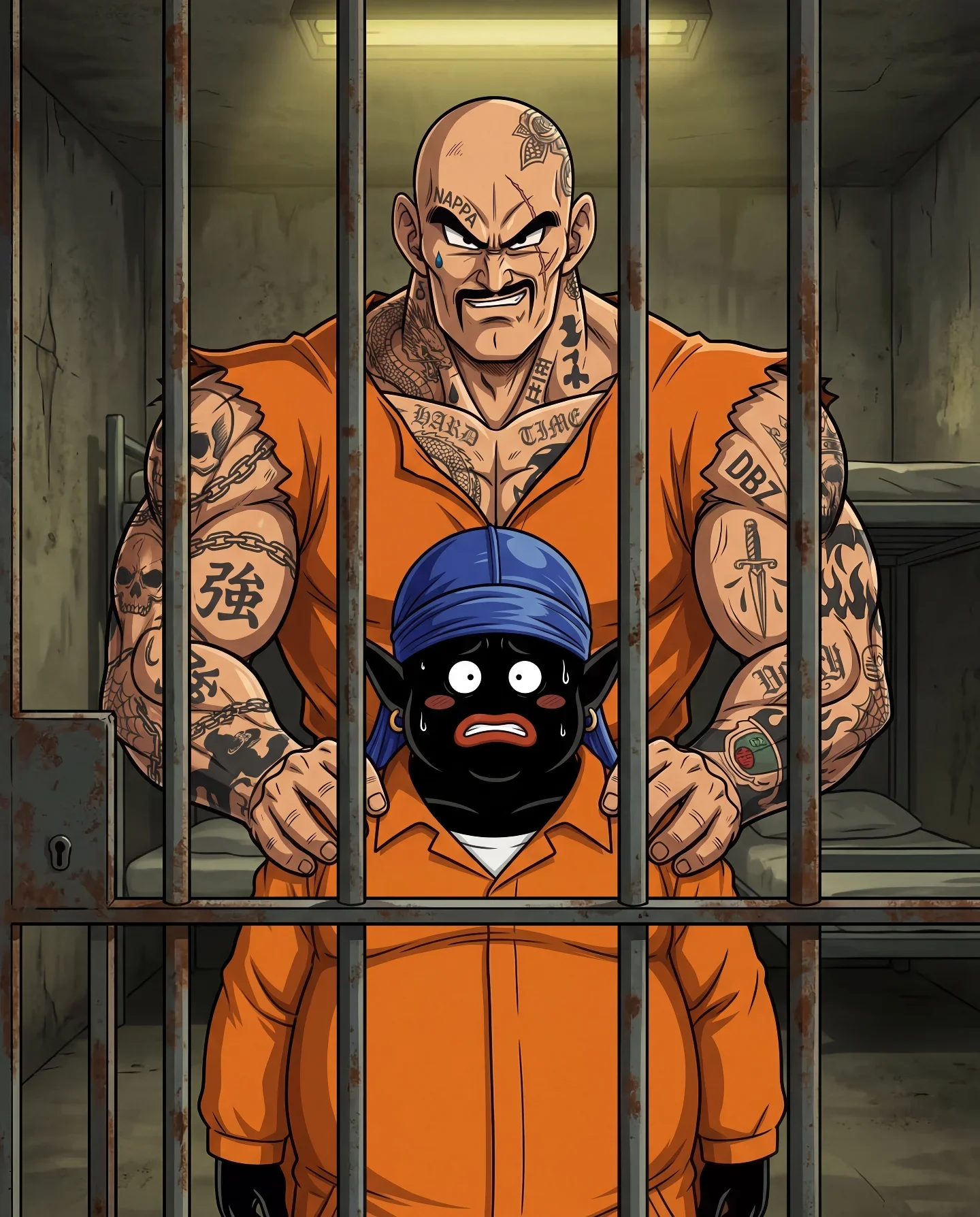 Tattooed bald man in prison cell with smaller figure