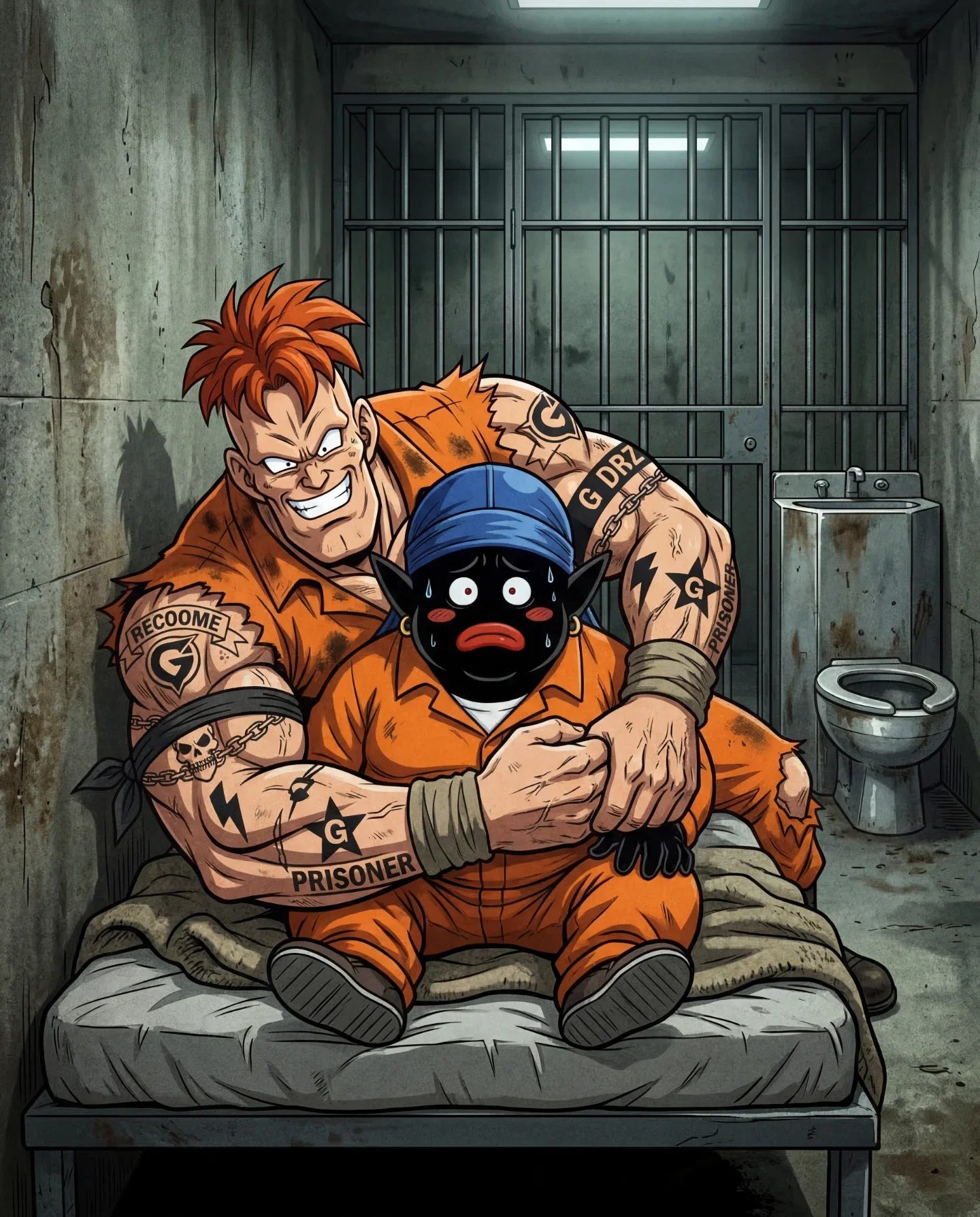 Muscular tattooed man with spiky orange hair in prison cell