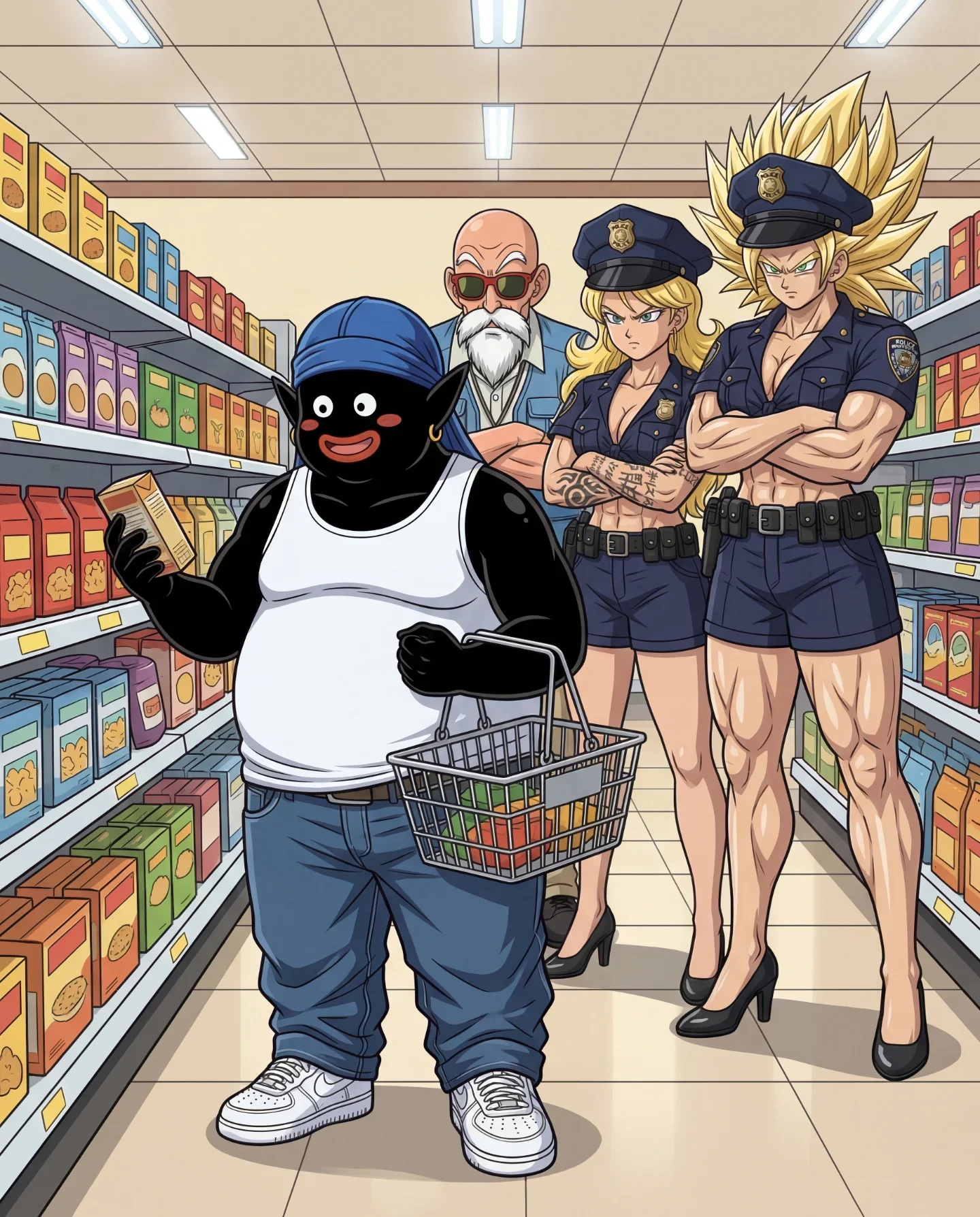 Anime characters in grocery store with shopping basket