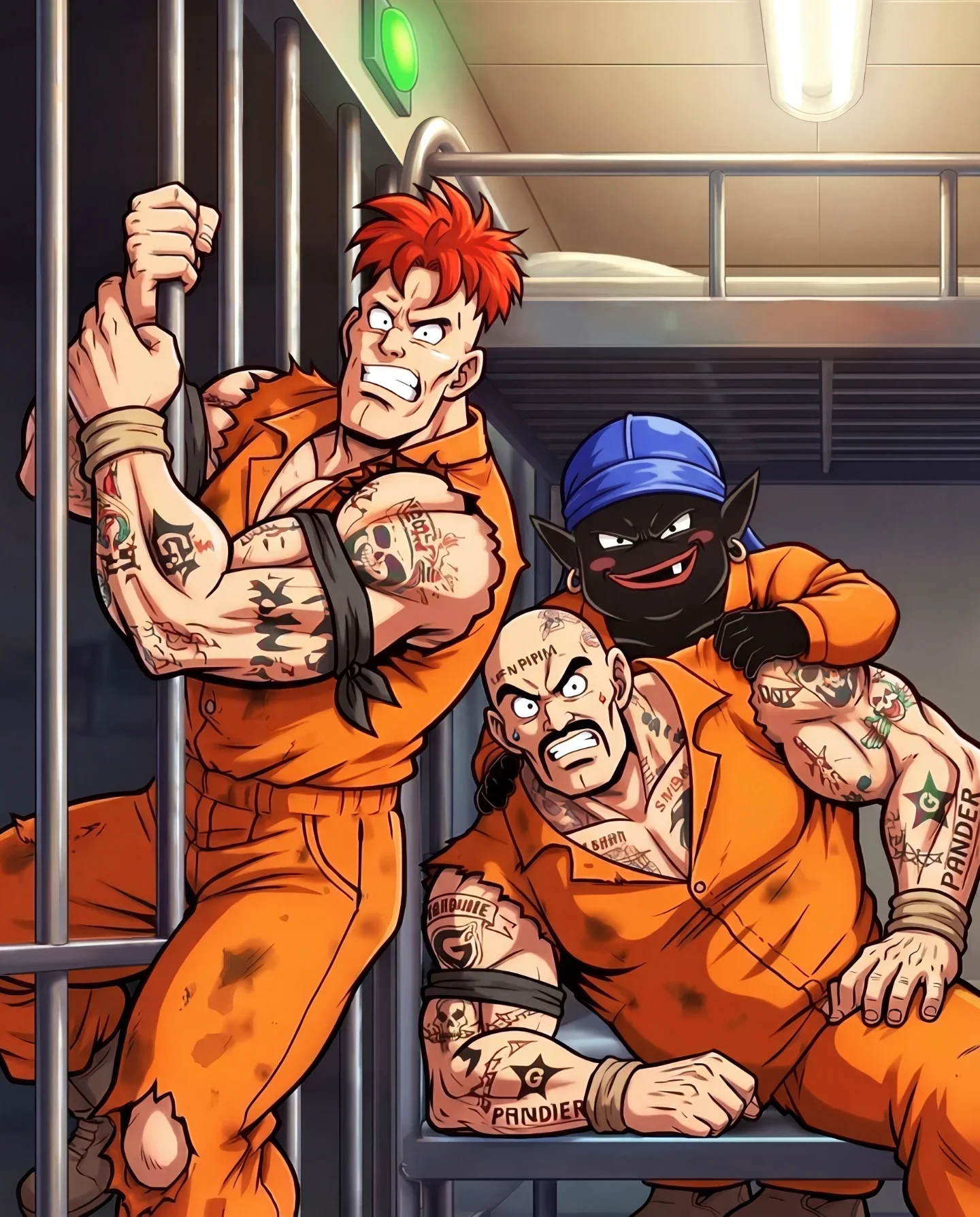 Anime characters in prison uniforms on transport vehicle