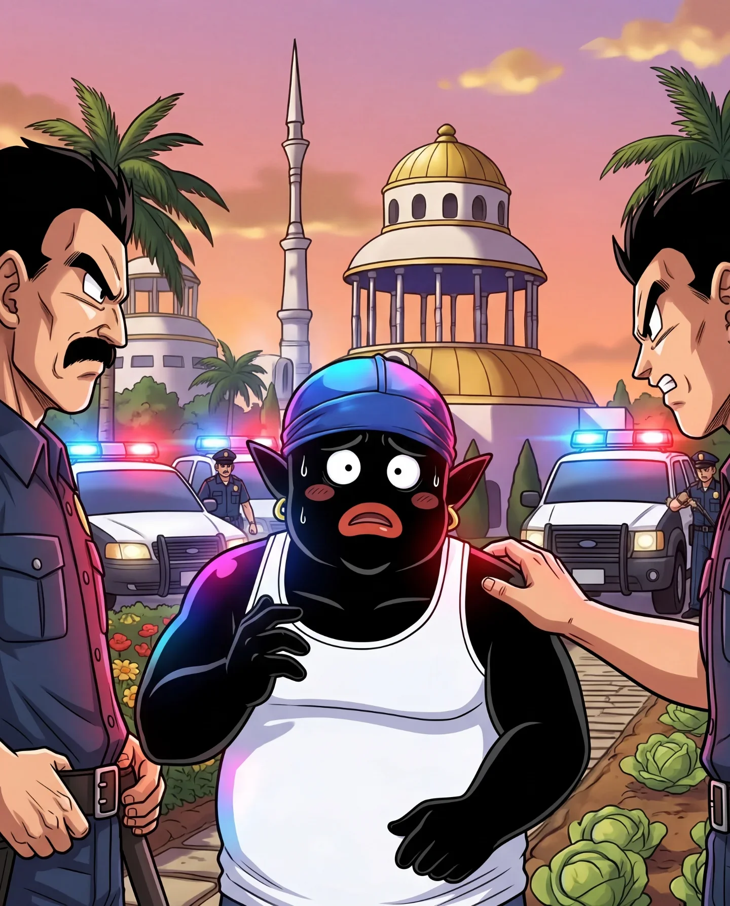 Cartoon illustration of person being arrested by police officers