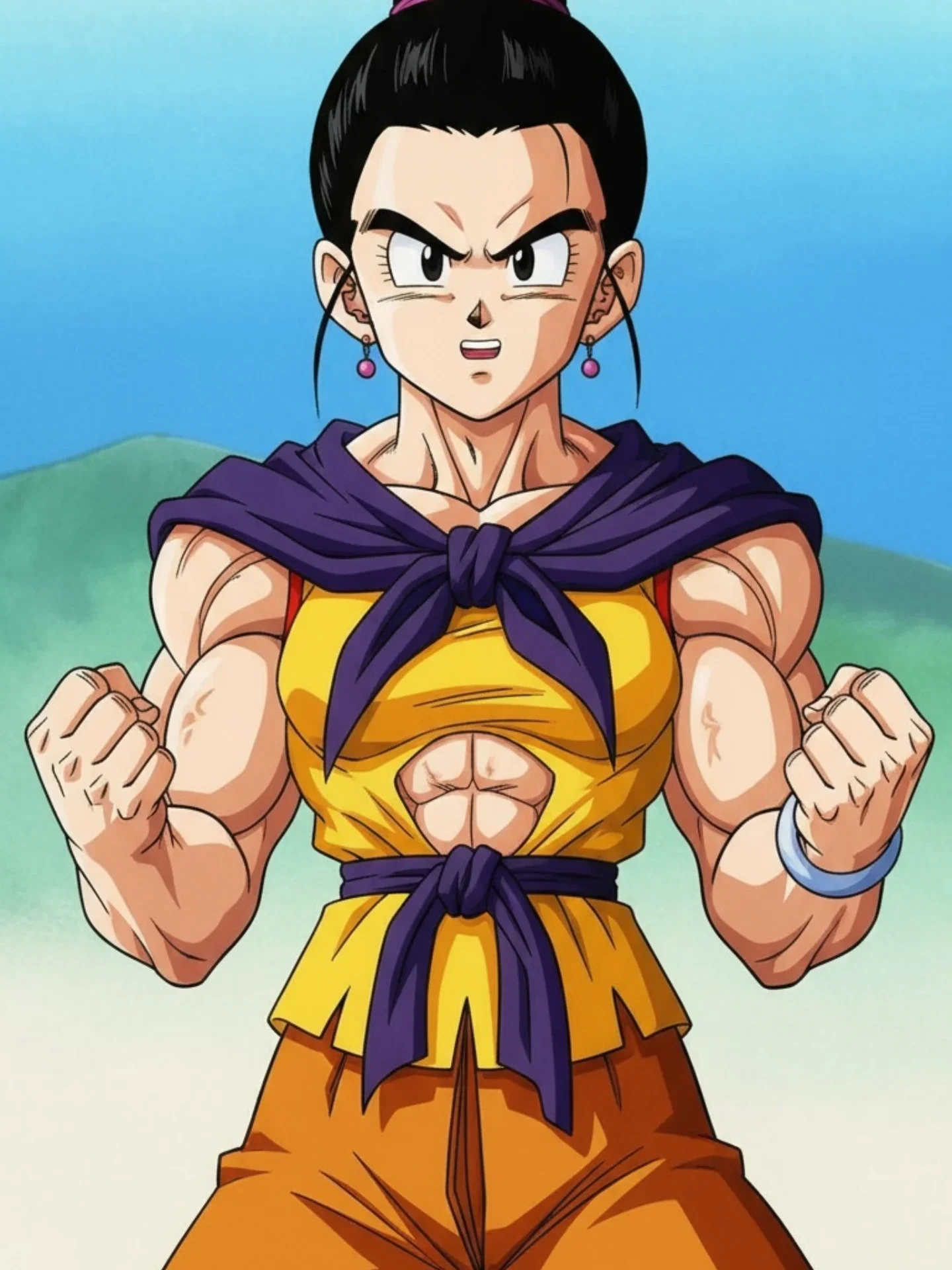 Muscular female character in yellow and purple martial arts outfit