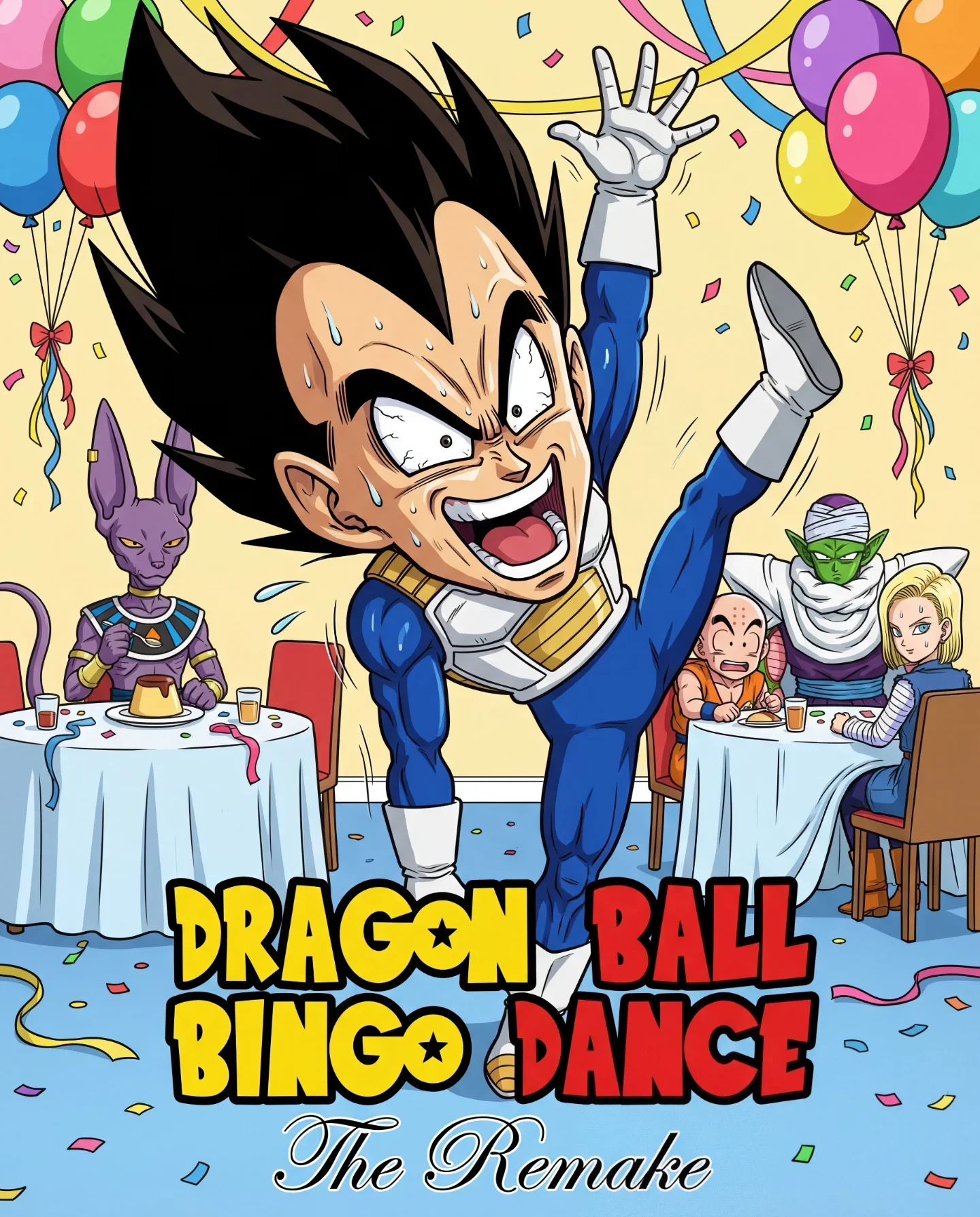 Dragon Ball characters celebrating at party with balloons