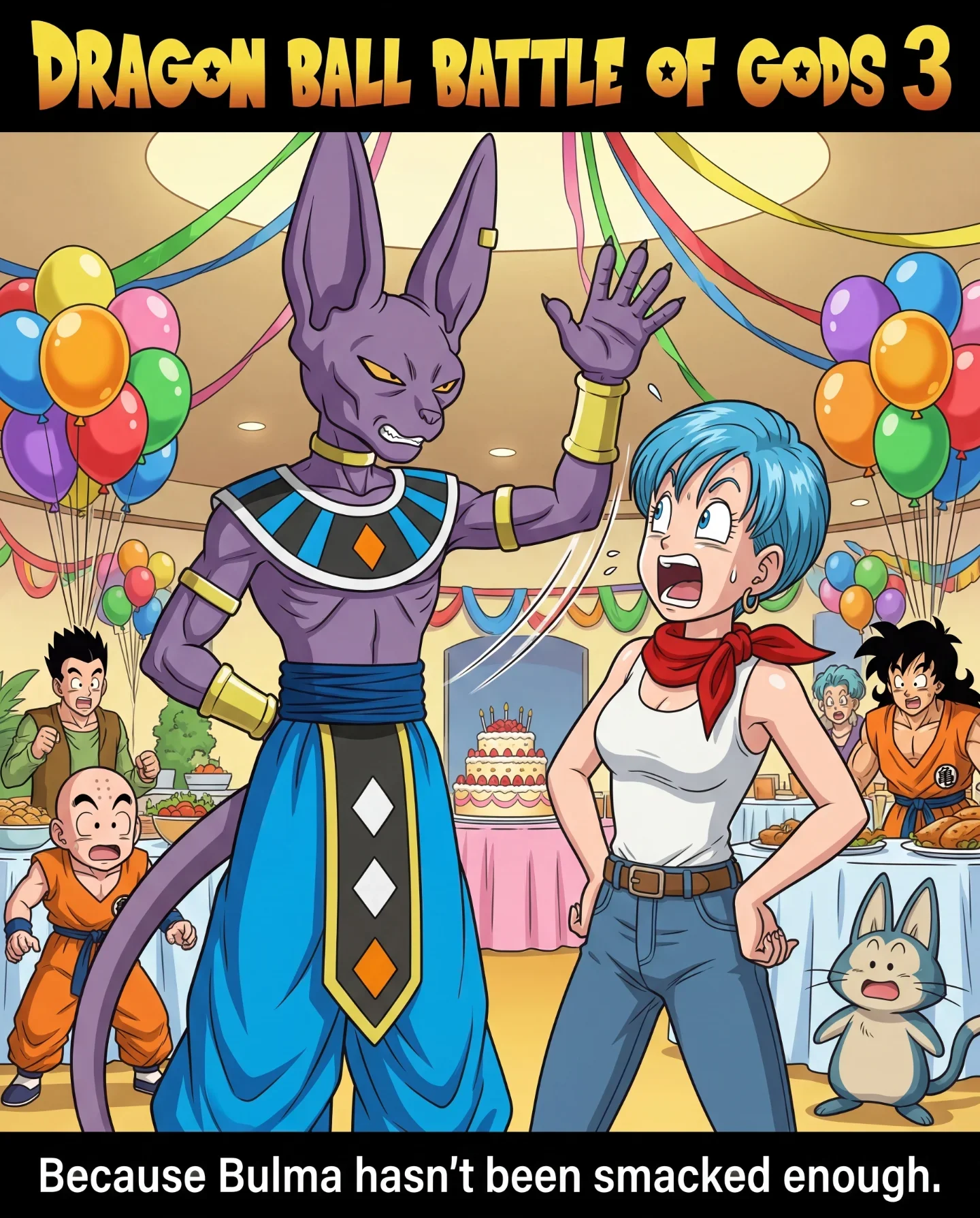 Dragon Ball characters at party with Beerus and Bulma