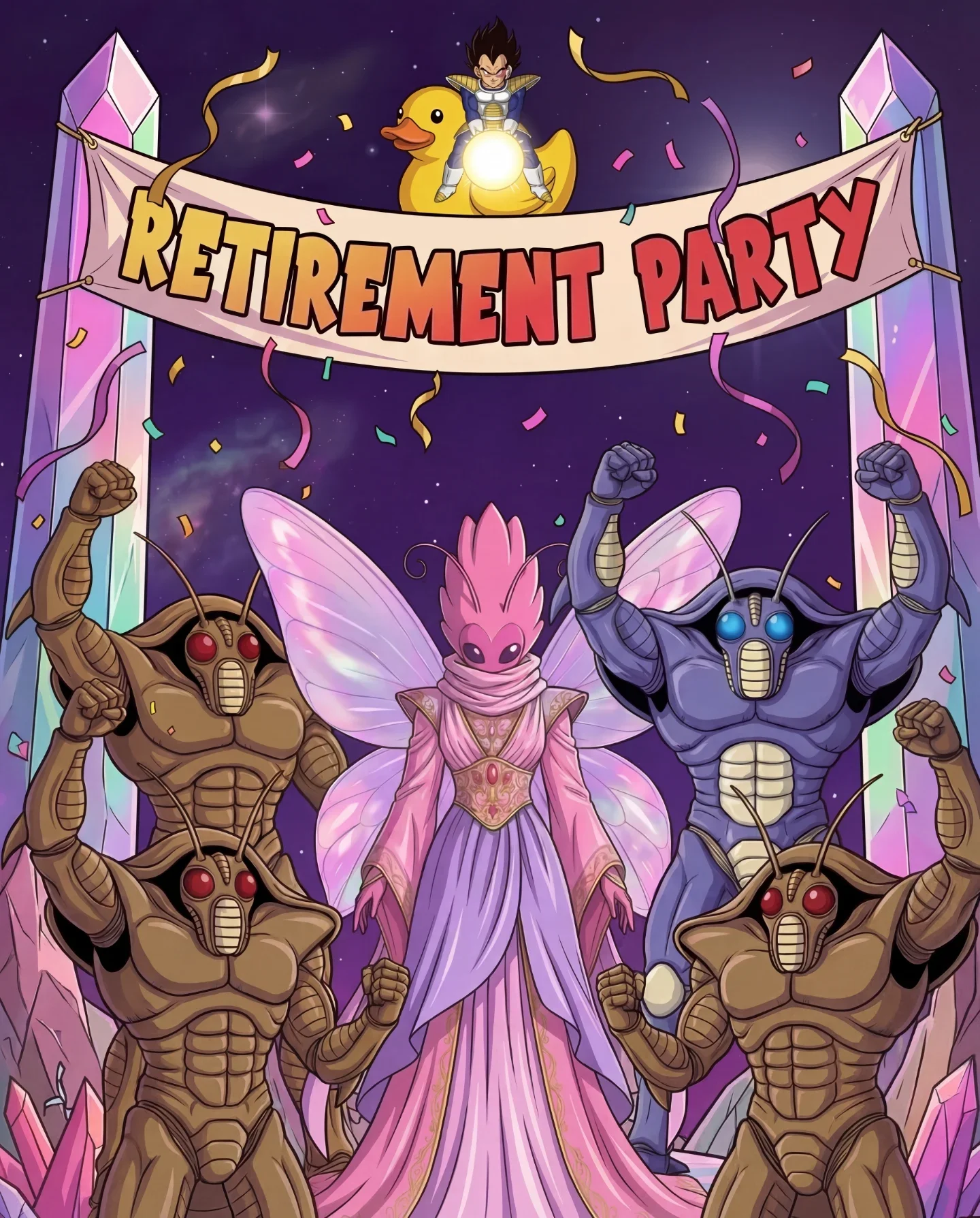 Retirement party scene with Dragon Ball characters celebrating