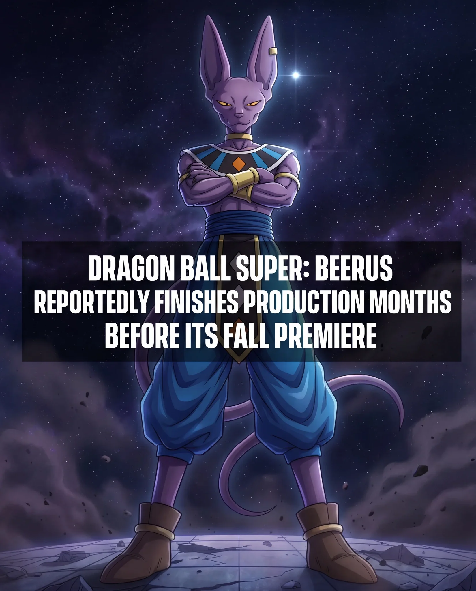 Purple alien cat deity with crossed arms stance