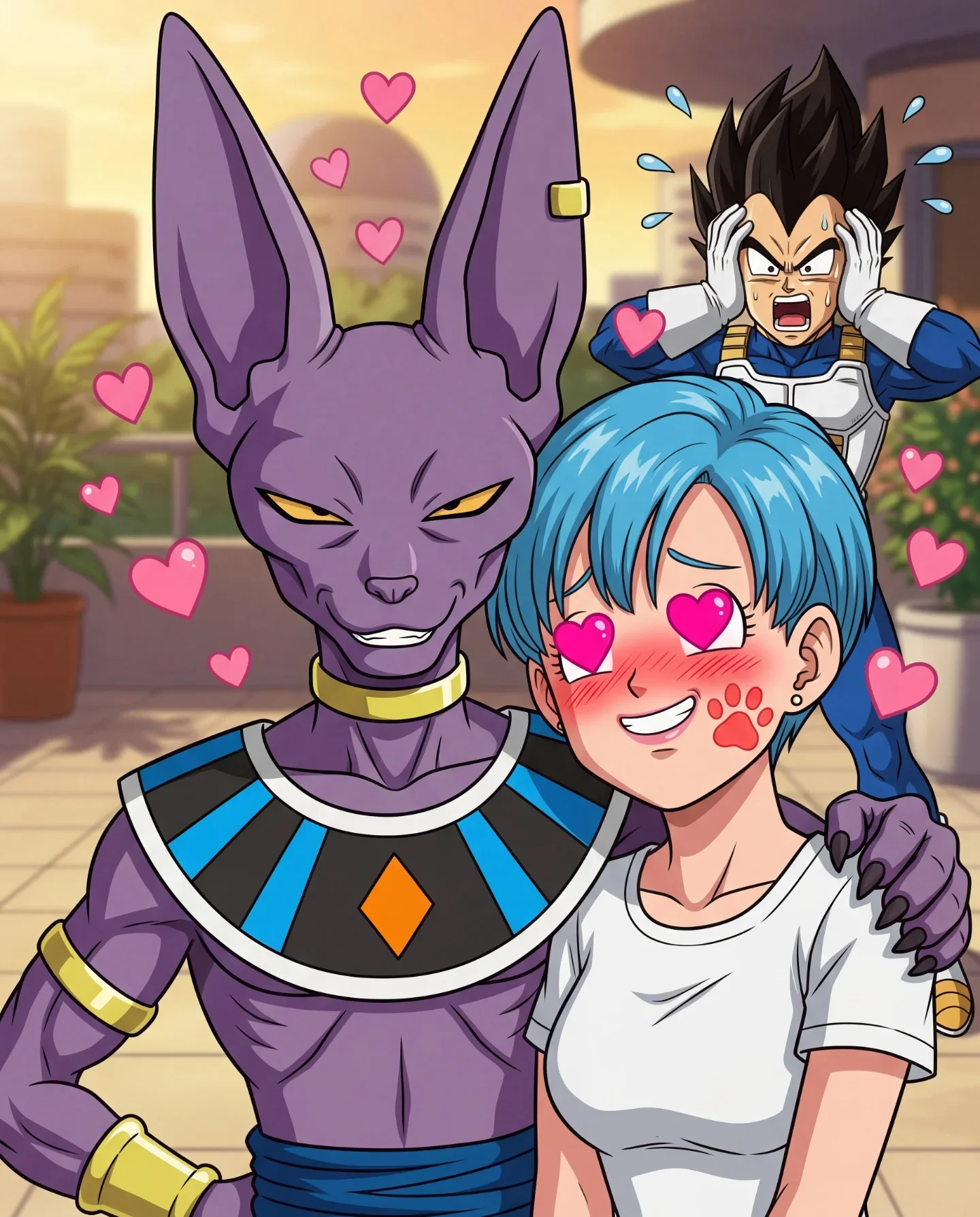 Anime characters in romantic scene with hearts and emotional expressions