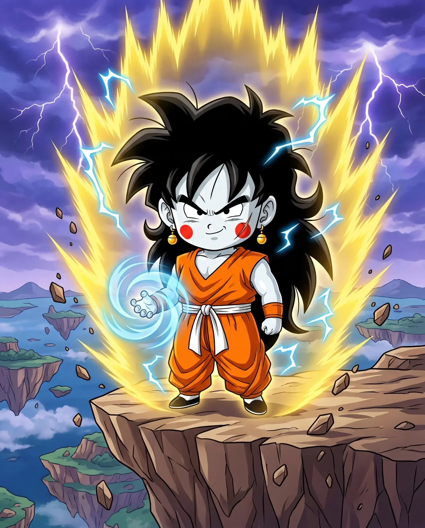Young Saiyan warrior in Super Saiyan transformation with golden aura