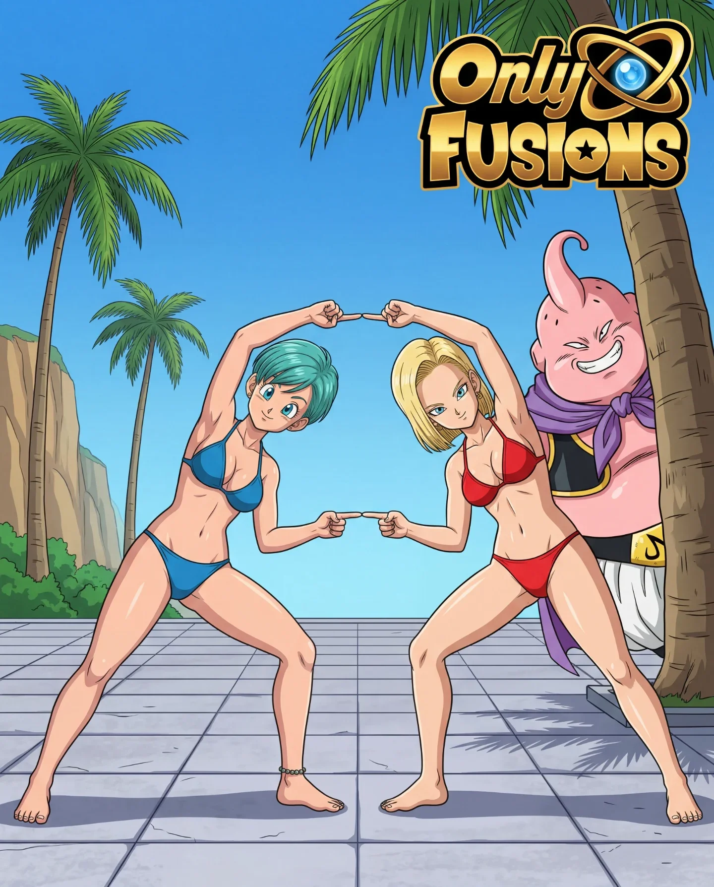 Only Fusions game logo with generic beach characters