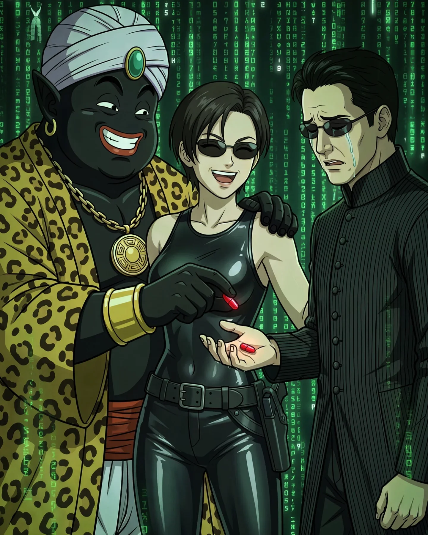Three Matrix characters in digital code background
