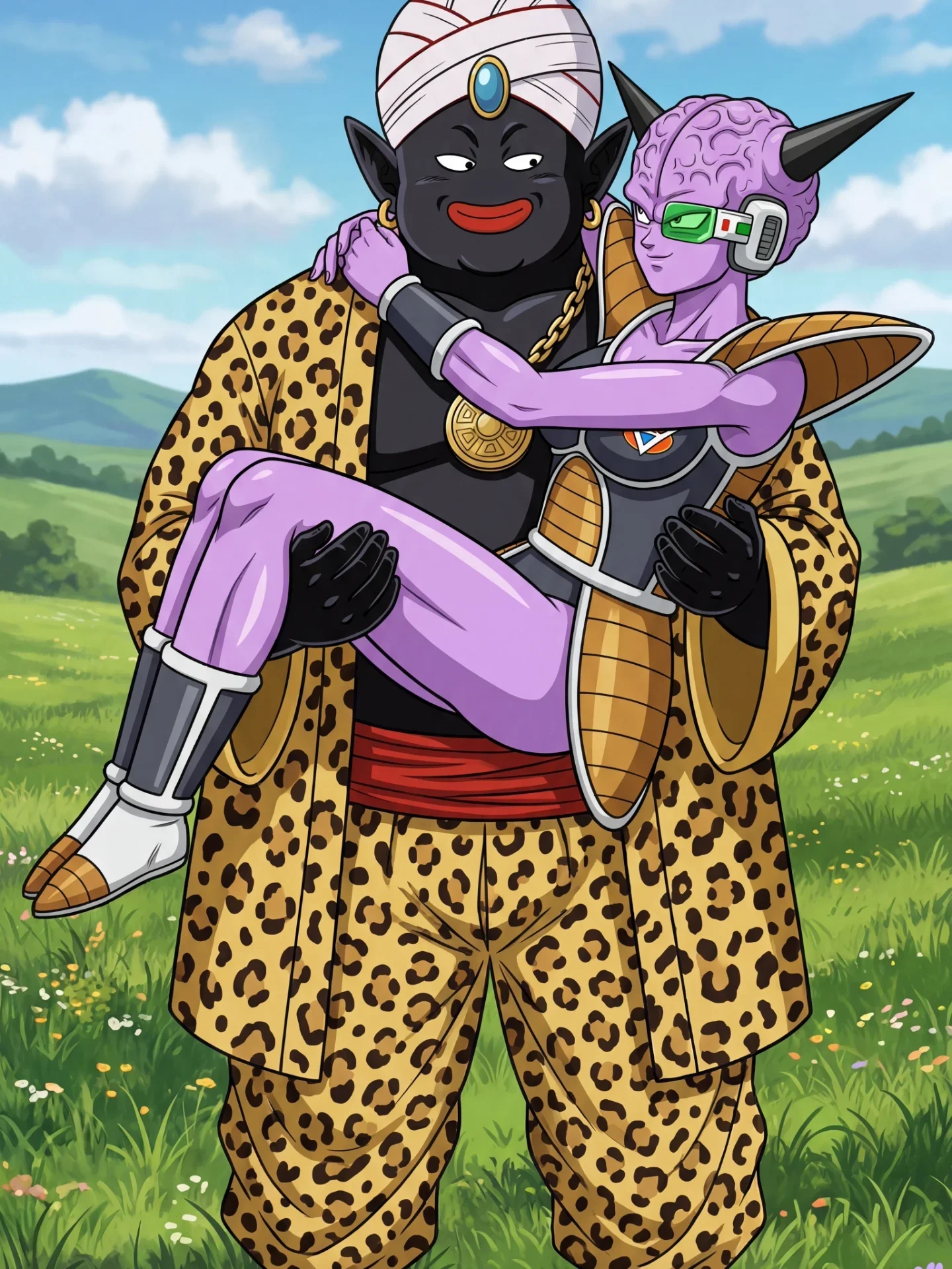 Two alien villains in colorful outfits on grassy field