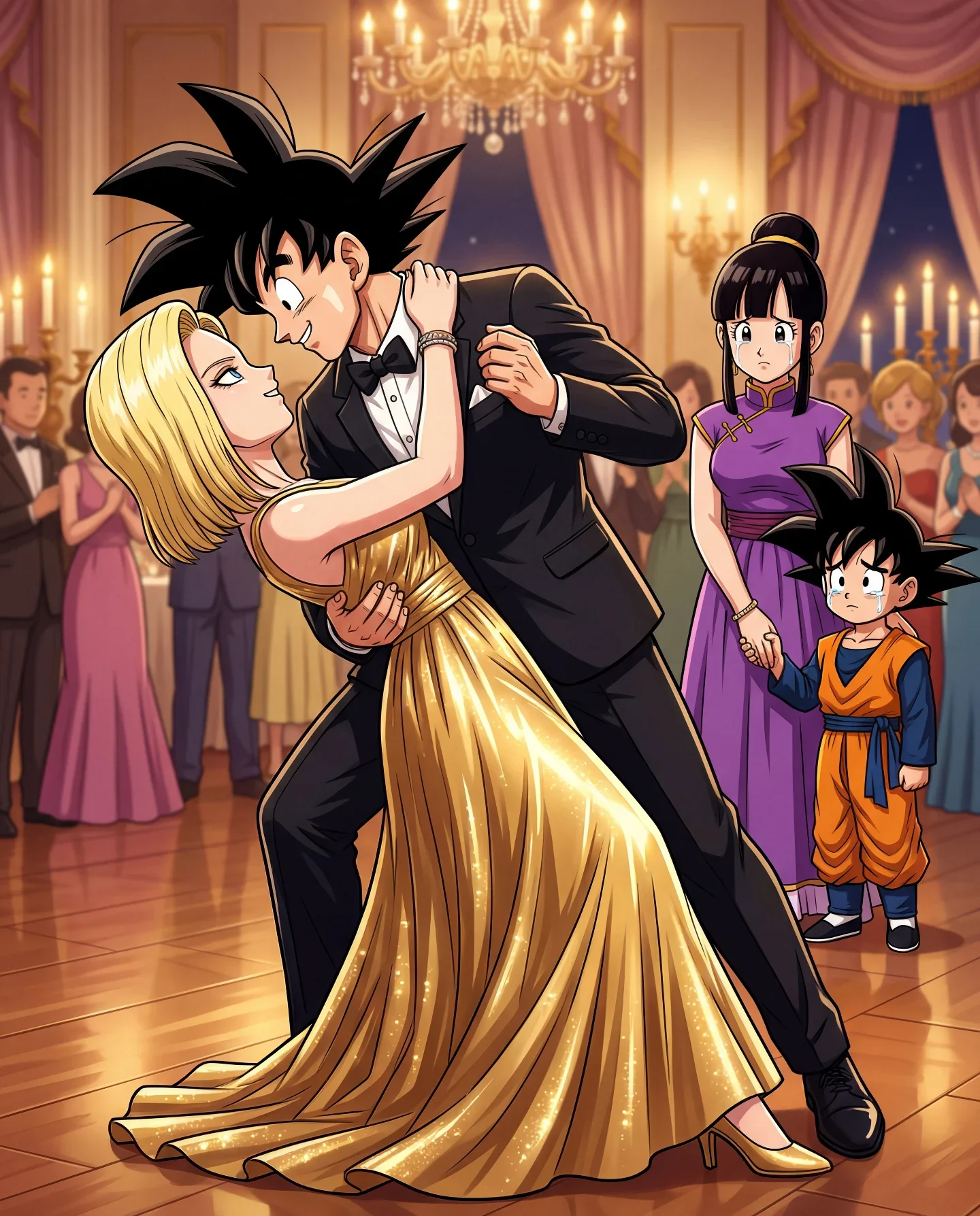 Goku dancing with Chi-Chi at formal ball event with Gohan