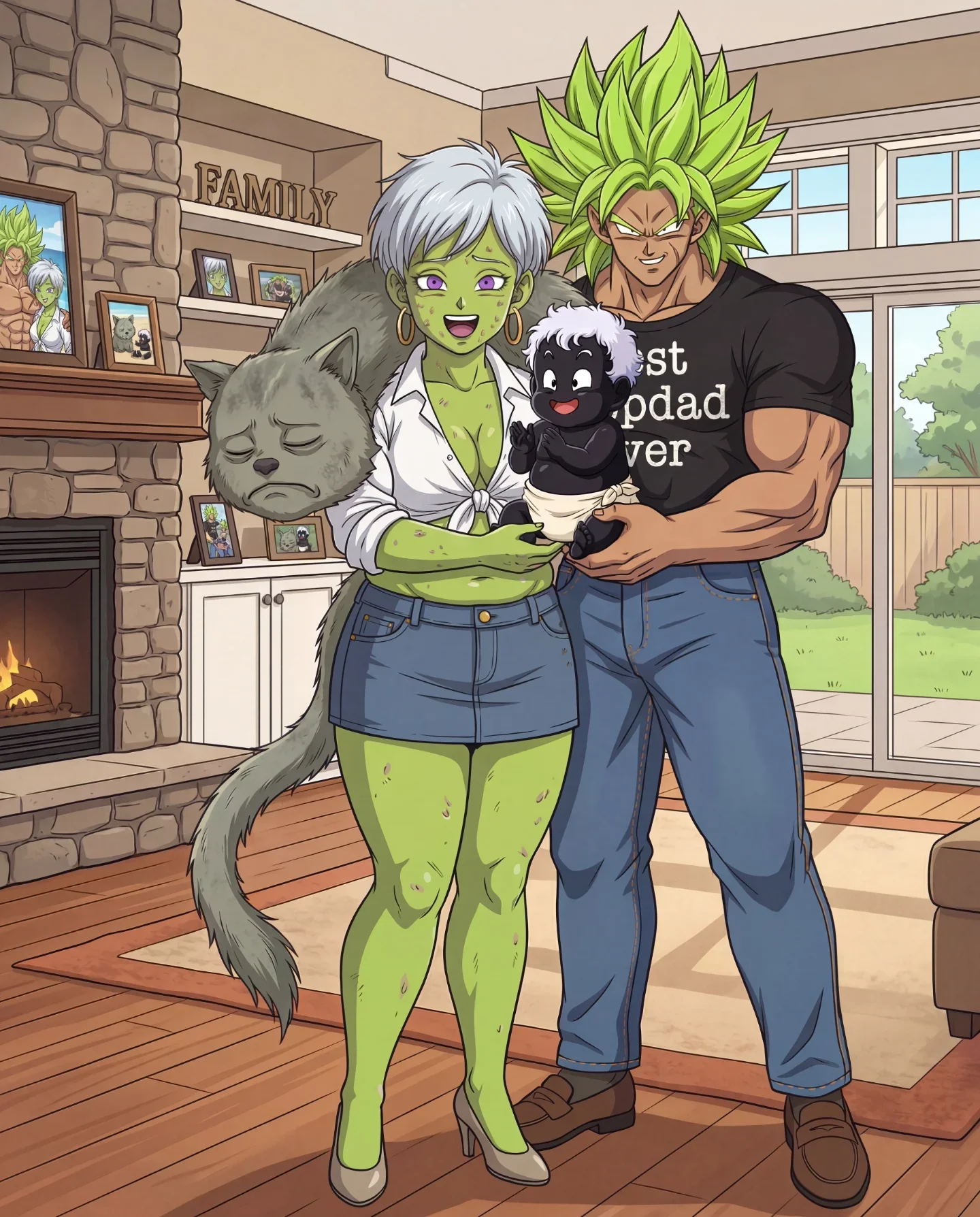 Green-skinned female Saiyans with white/silver hair in family setting