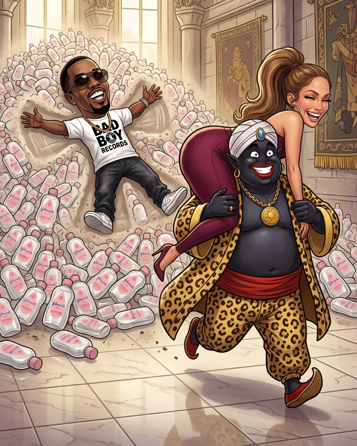 Cartoon illustration of stylized figures in luxury setting with money