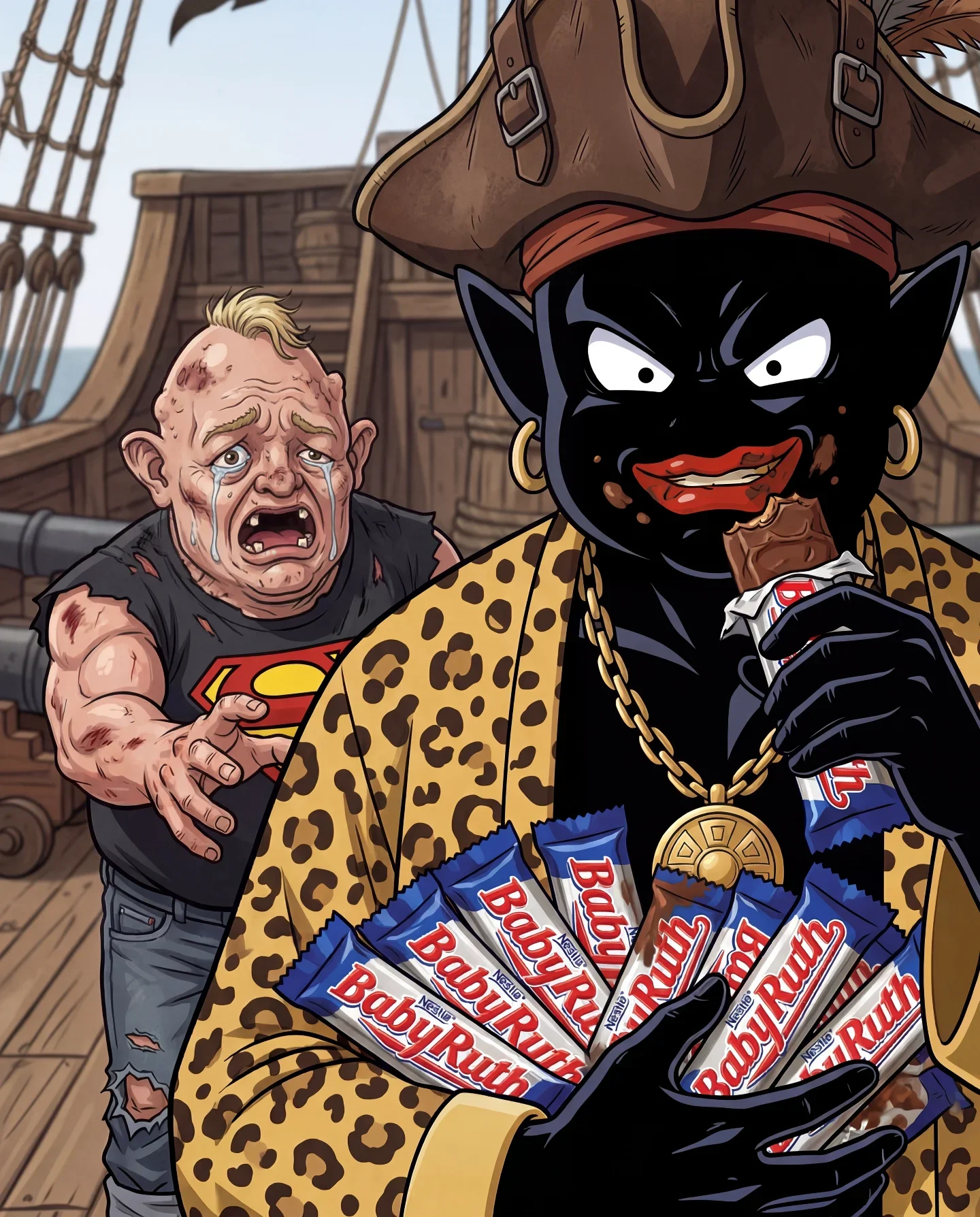 Stylized cartoon illustration with caricatured figures and candy