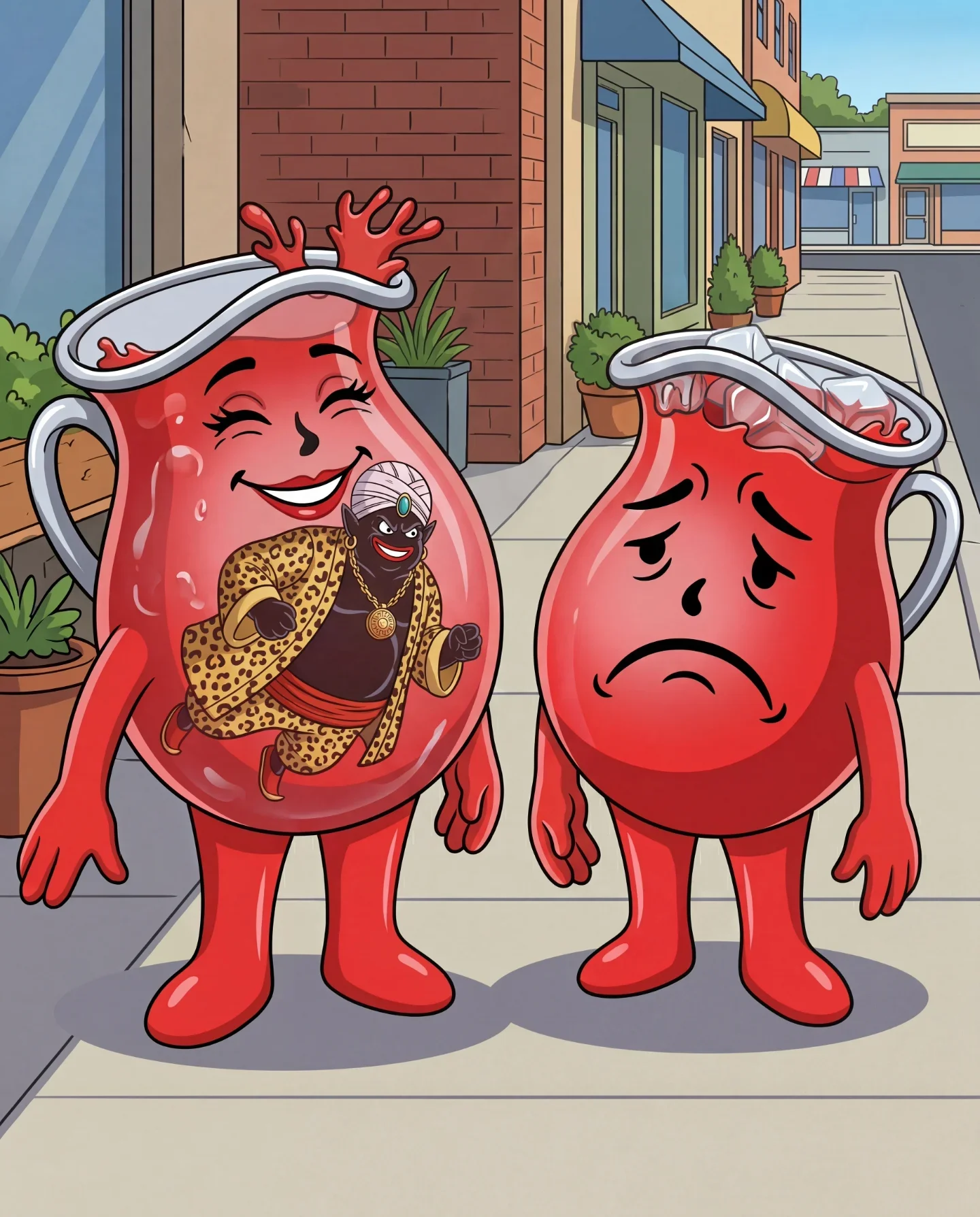 Anthropomorphic red pitchers with contrasting emotions on street