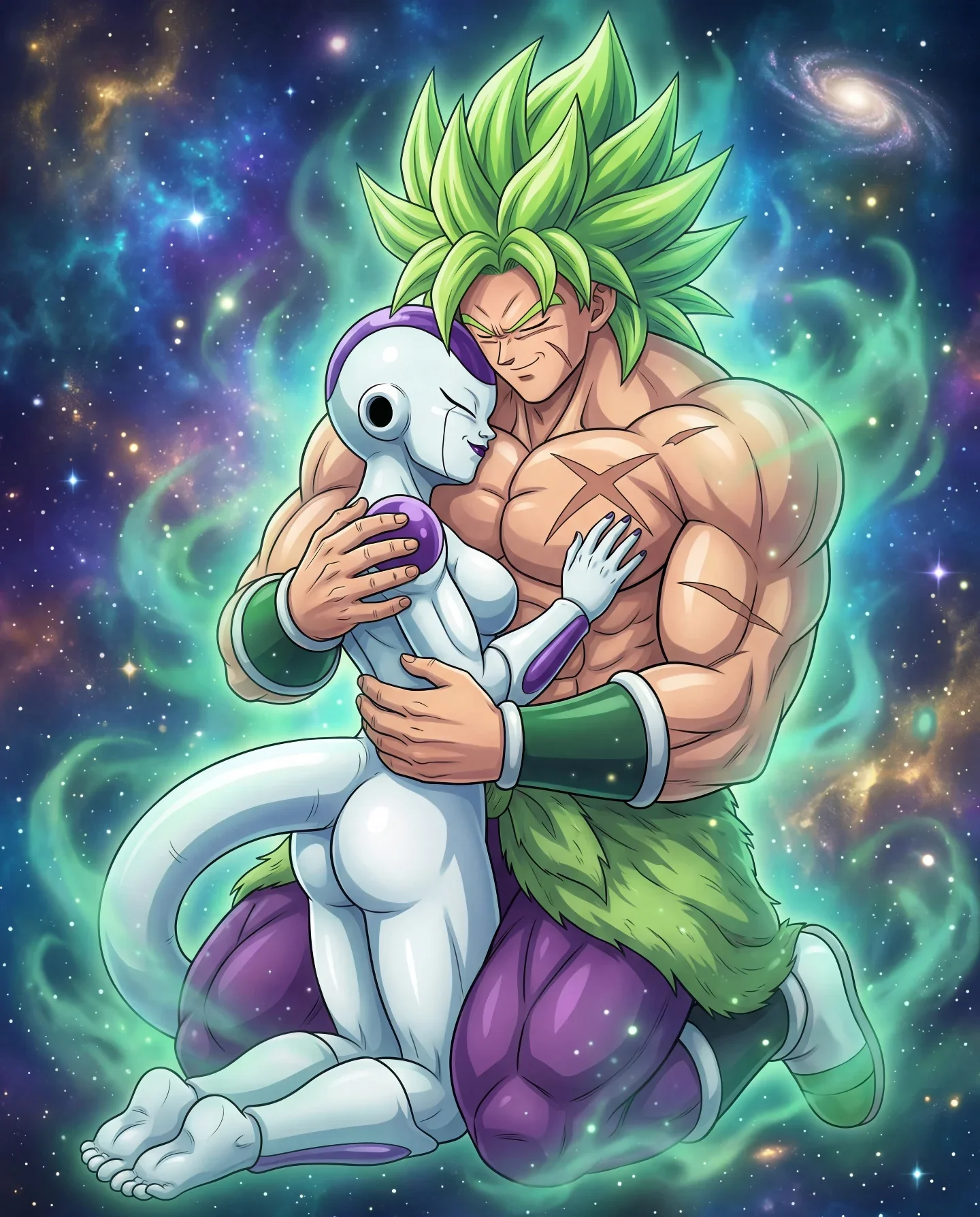 Green-haired muscular character holding white android figure