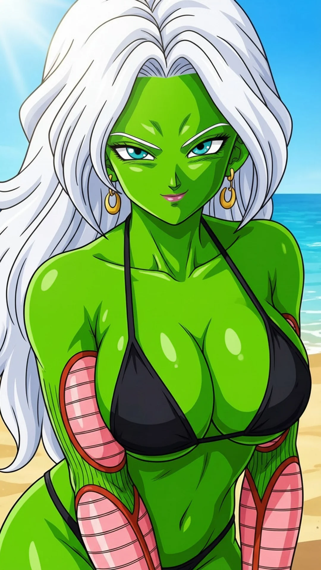 AI Art of a green-skinned Namekian woman with anime-style features inspired by Dragon Ball, created by Daddy Jim Headquarters
