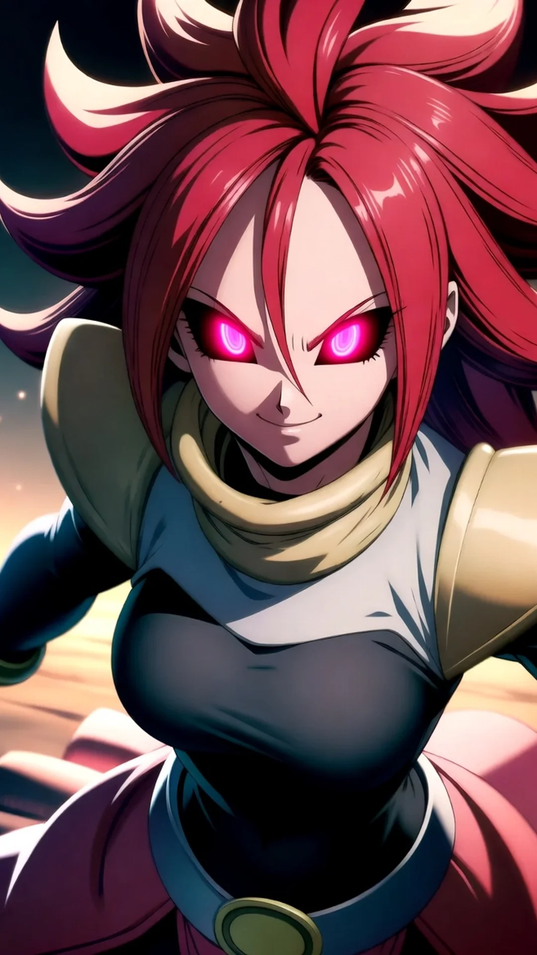 AI Art of Android 21 from Dragon Ball with flowing pink-red hair, created at Daddy Jim Headquarters - anime waifu illustration