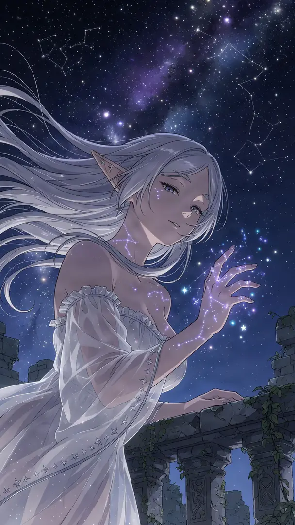 Frieren stands on a ruined stone balcony beneath a starry night sky, wearing a flowing white dress as glowing magical constellations form around her outstretched hand.