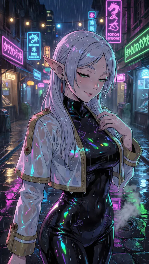 Frieren from Frieren stands in a neon-lit, rainy cyberpunk alleyway wearing a sleek black bodysuit under a translucent jacket.
