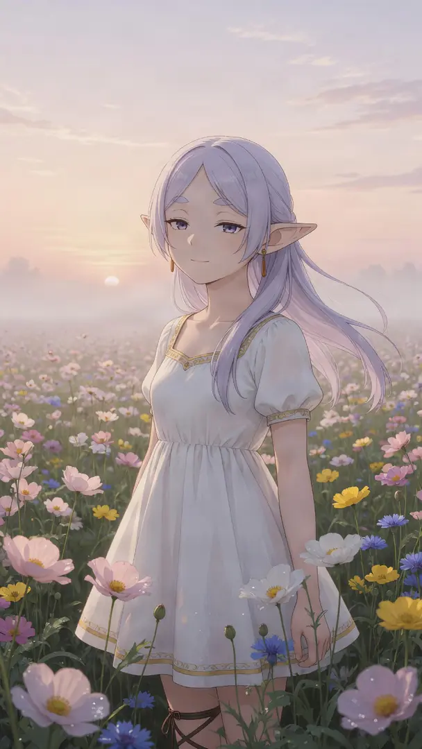Frieren, an elf with long pale hair wearing a white dress, stands peacefully in a vibrant field of colorful flowers during a hazy sunrise.