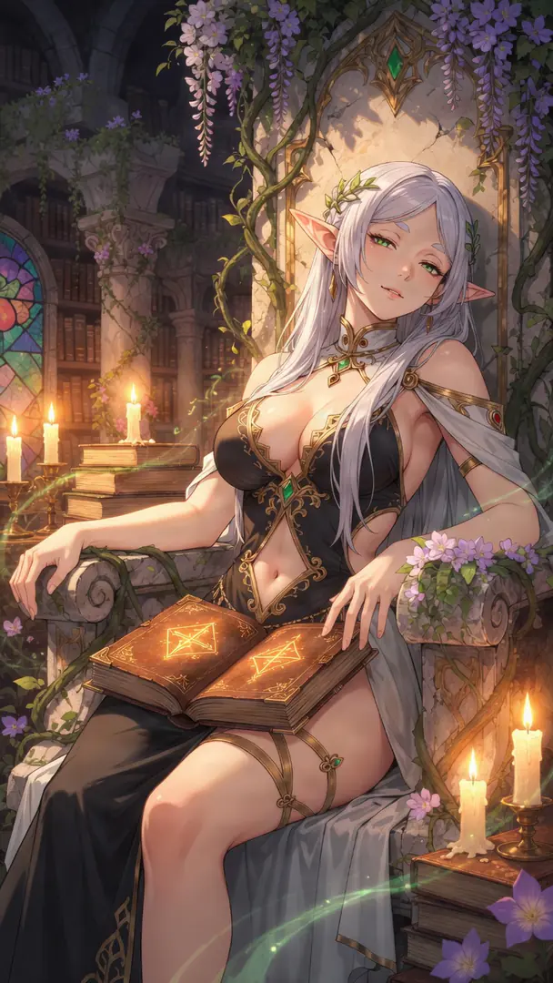 Frieren from Frieren lounges on a vine-draped stone throne in a candlelit library, wearing a revealing black and gold gown with a glowing spellbook resting on her lap.