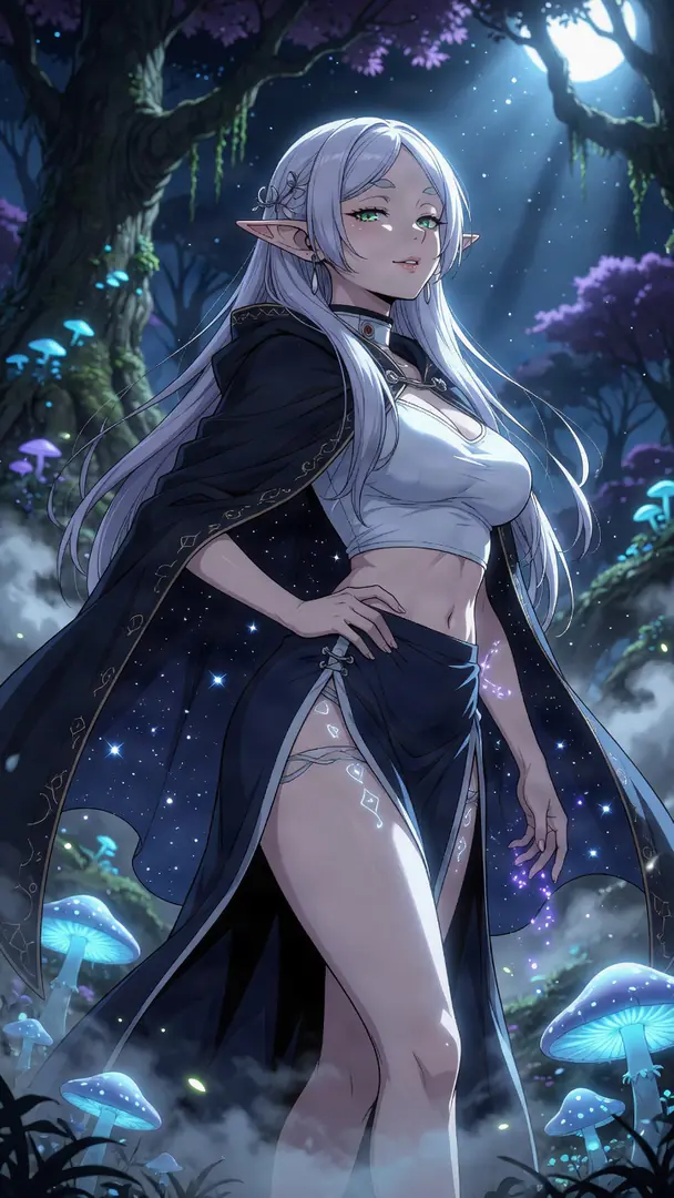 Frieren from Frieren stands in a moonlit forest with glowing blue mushrooms, wearing a starry-lined black cloak, a white crop top, and a dark high-slit skirt revealing glowing leg markings.