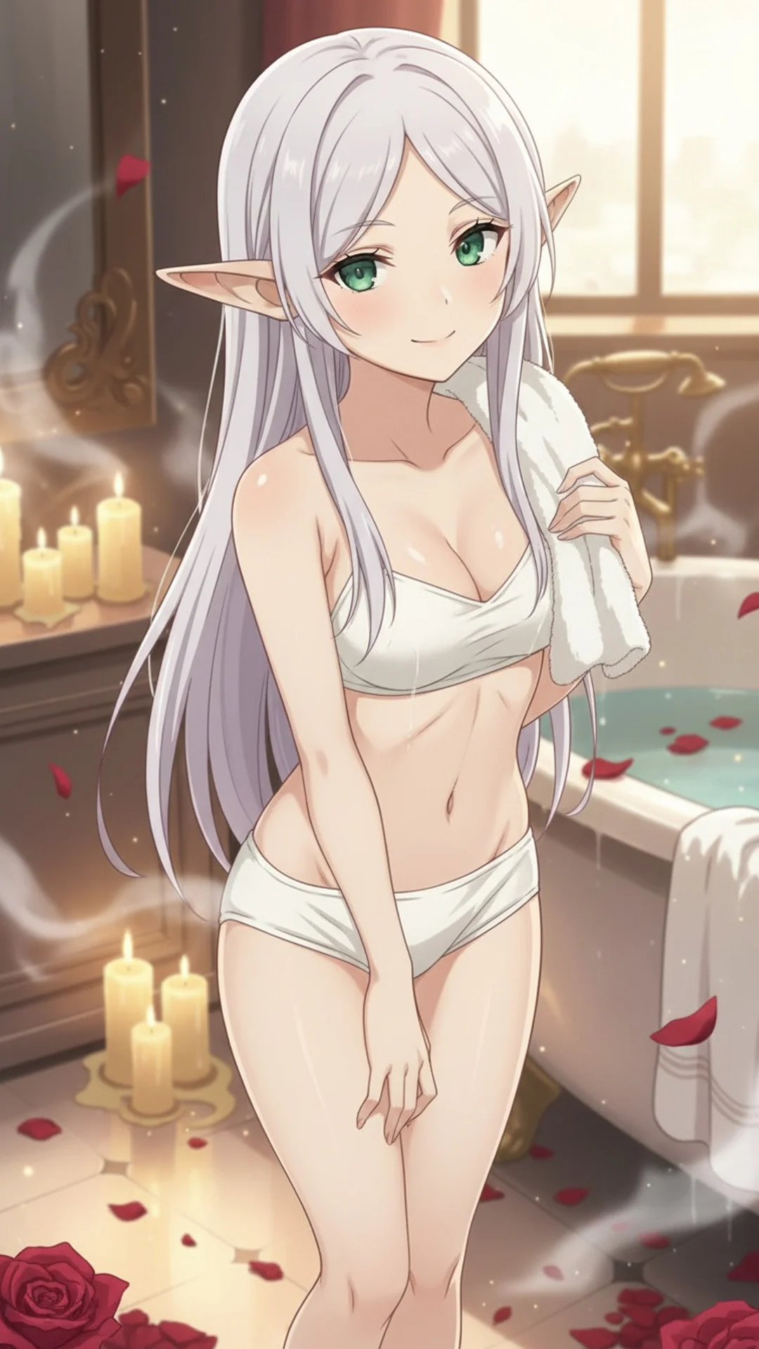 Frieren anime waifu with pointed ears and silver hair relaxing in bath - AI Art by Daddy Jim Headquarters