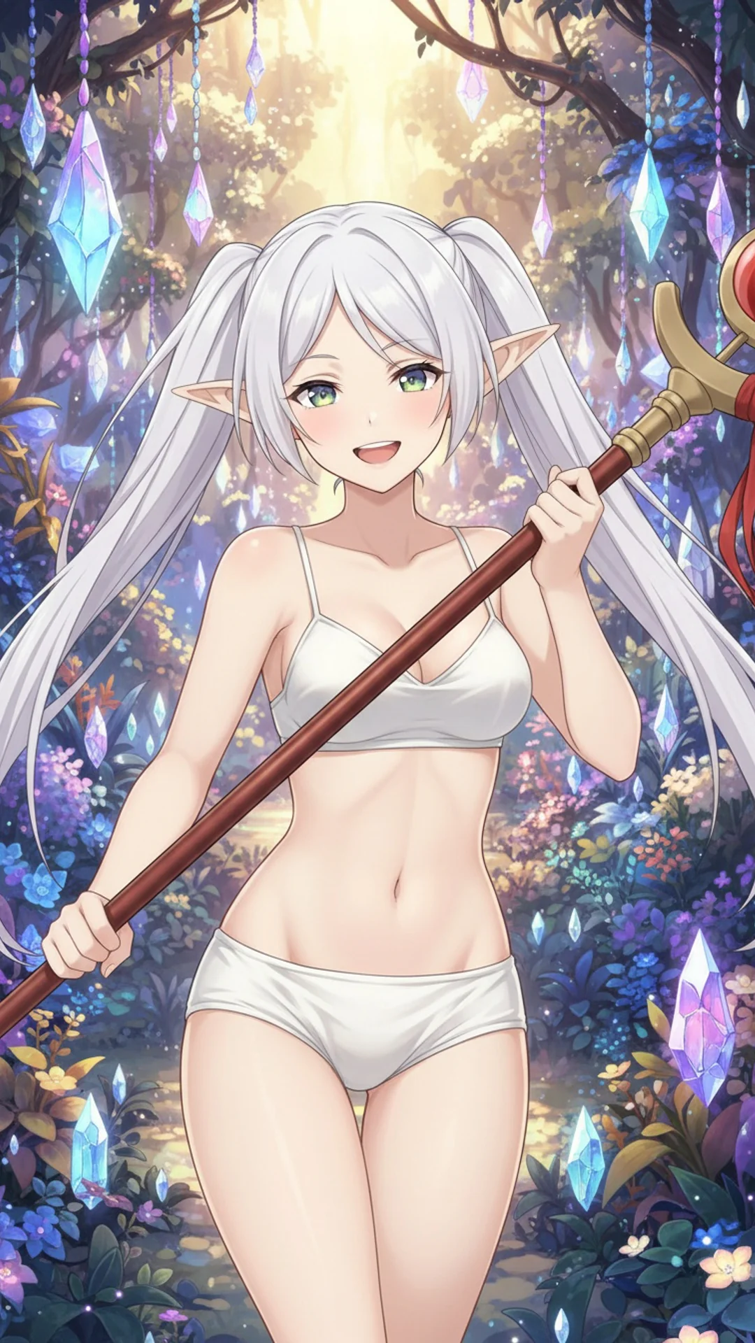 AI Art of Frieren, the elegant elven mage with silver hair and pointed ears, created by Daddy Jim Headquarters