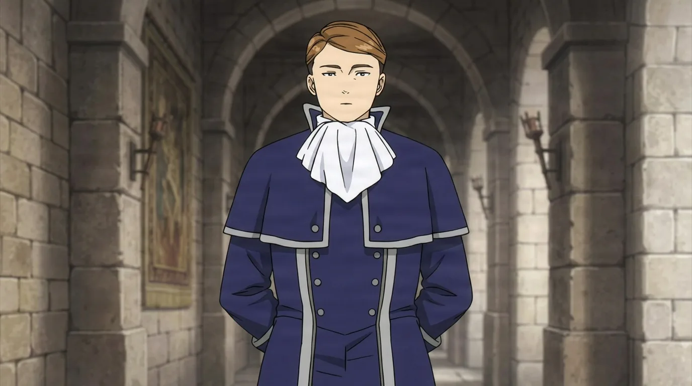 Genau, un homme aux cheveux bruns courts vêtu d'un manteau militaire bleu à liseré argenté et d'une grande cravate blanche, se tient au garde-à-vous, les mains dans le dos, l'expression calme et mesurée, dans un grand corridor de pierre voûté éclairé par des torches murales.